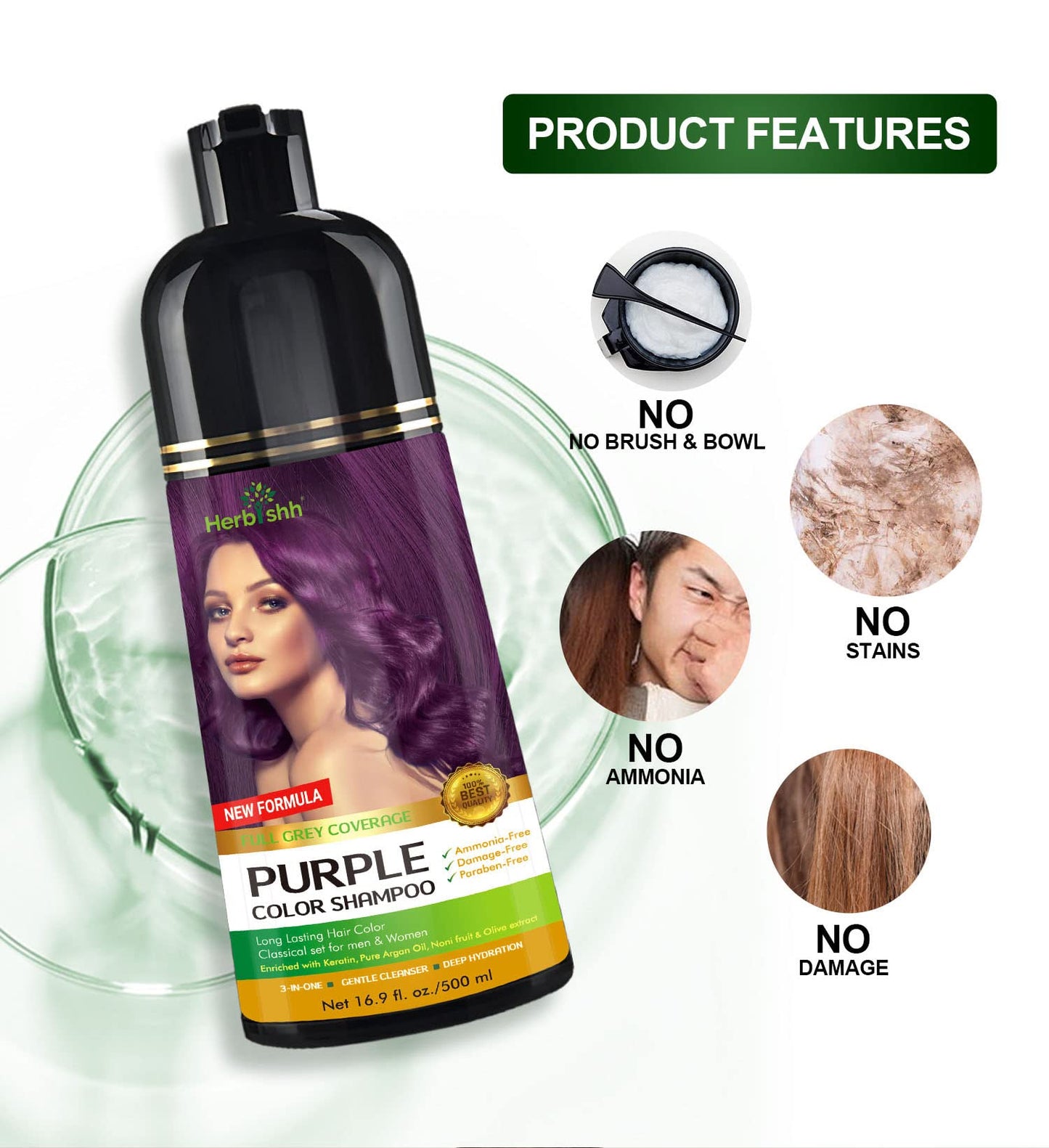 Herbishh Magic Hair Dye Shampoo – Colors Gray Hair in Minutes – Long Lasting – 500 Ml – 3-In-1 Ammonia-Free Color Treatment (Purple)