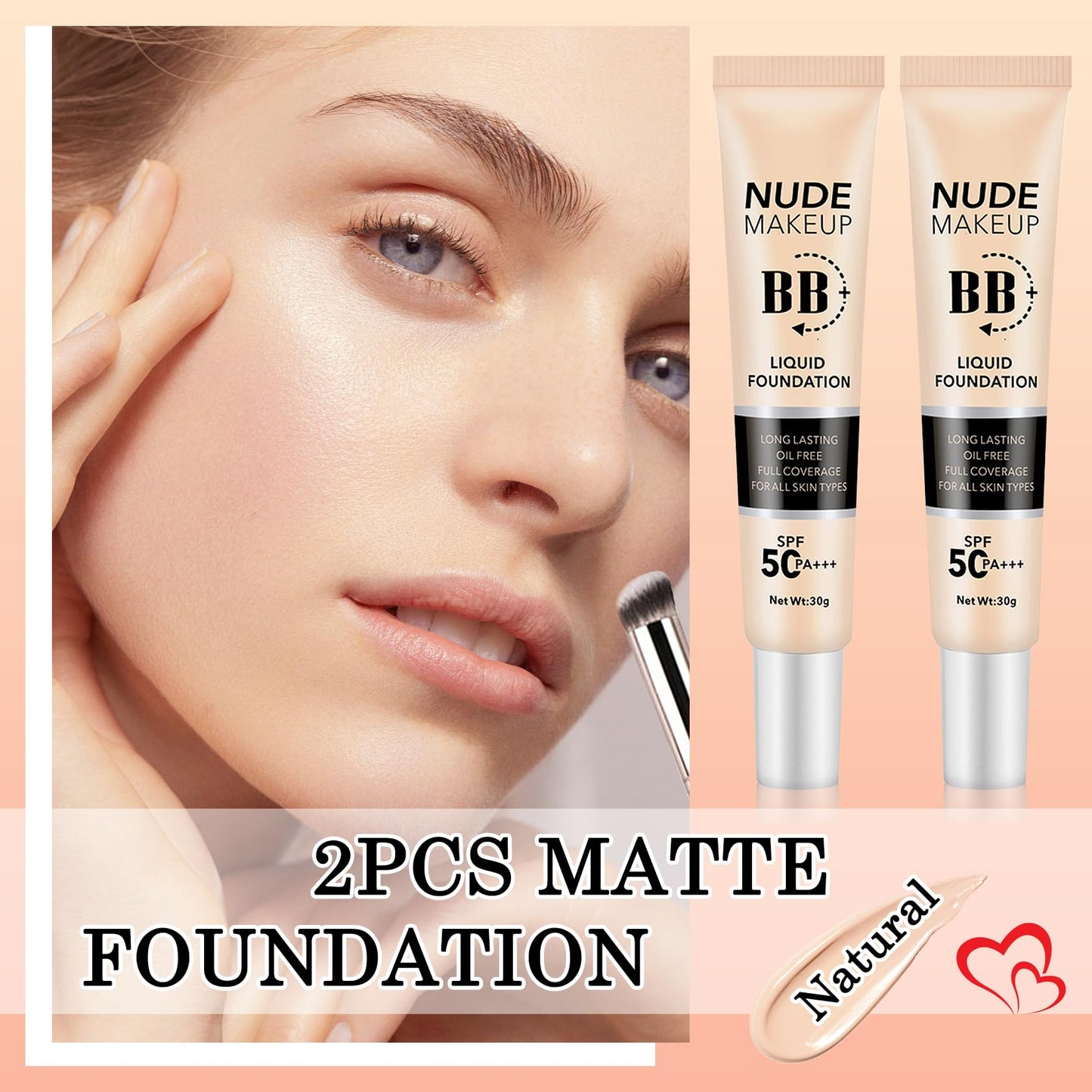 2PCS Full Coverage Concealer Foundation Set,Moisturizing BB Cream,Long Lasting Hydrating Lightweight CC Cream with Makeup Brush,Oil Control Face Moisturizer SPF 50 PA++++ Sunscreen（C）