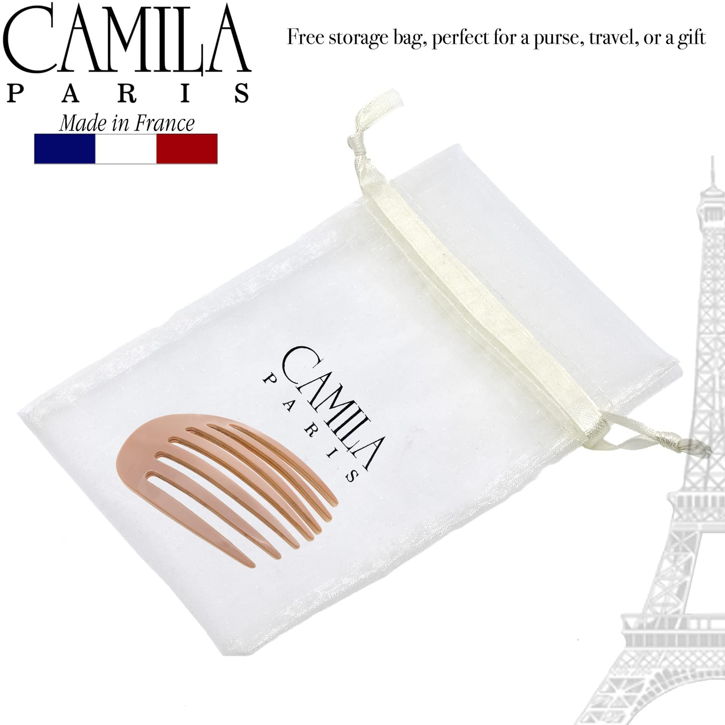 Camila Paris CP3402 French Hair Side Comb Small Rounded, Pink, Handmade French Twist Hair Combs, Strong Hold Hair Clips for Women Bun Chignon, No Slip Styling Girls Hair Accessories Made in France