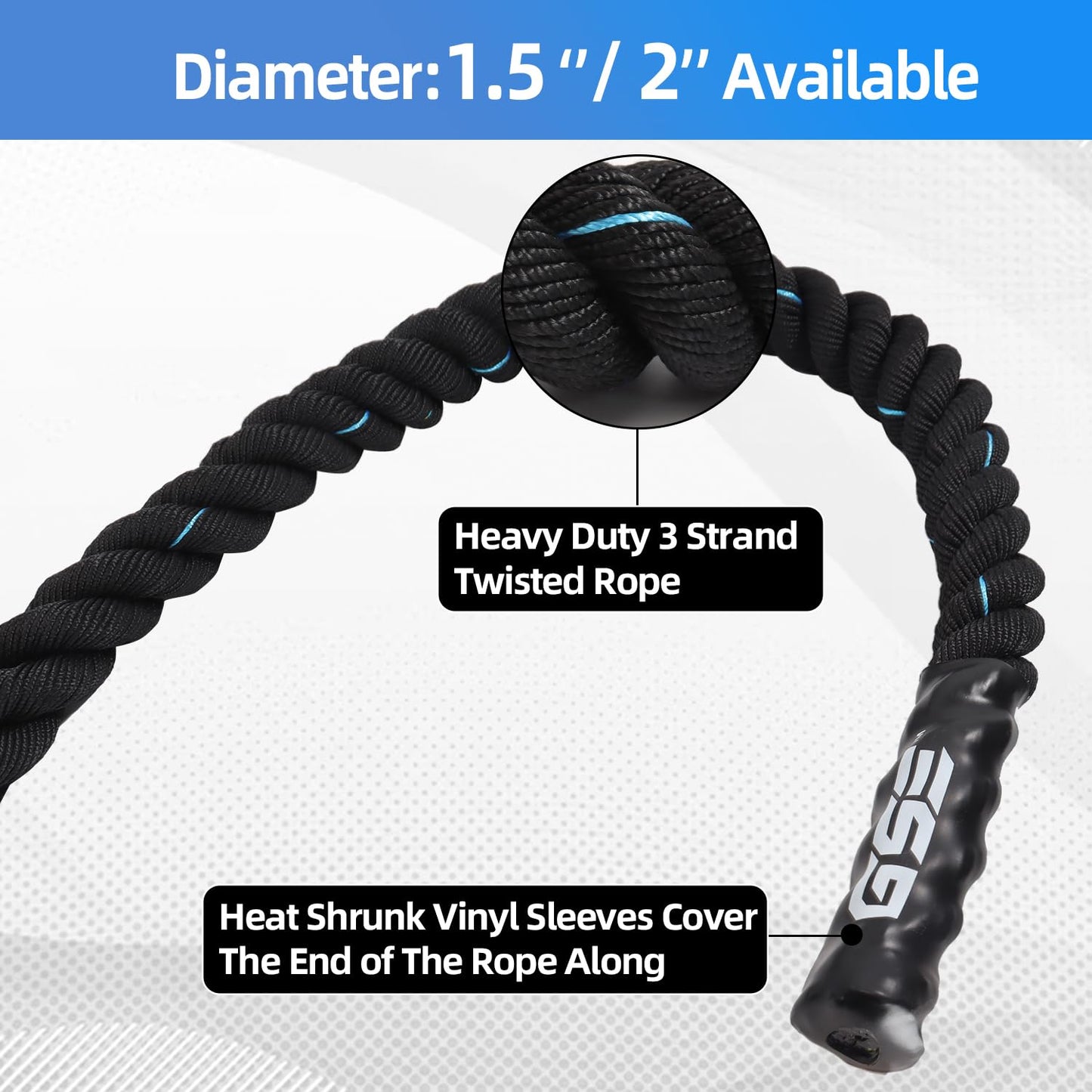 GSE Games & Sports Expert Gym Battle Rope, Heavy-Duty Workout Ropes for Indoor & Outdoor Workout. Exercise Rope for Strength Training - 30,40,50 Feet Lengths Available