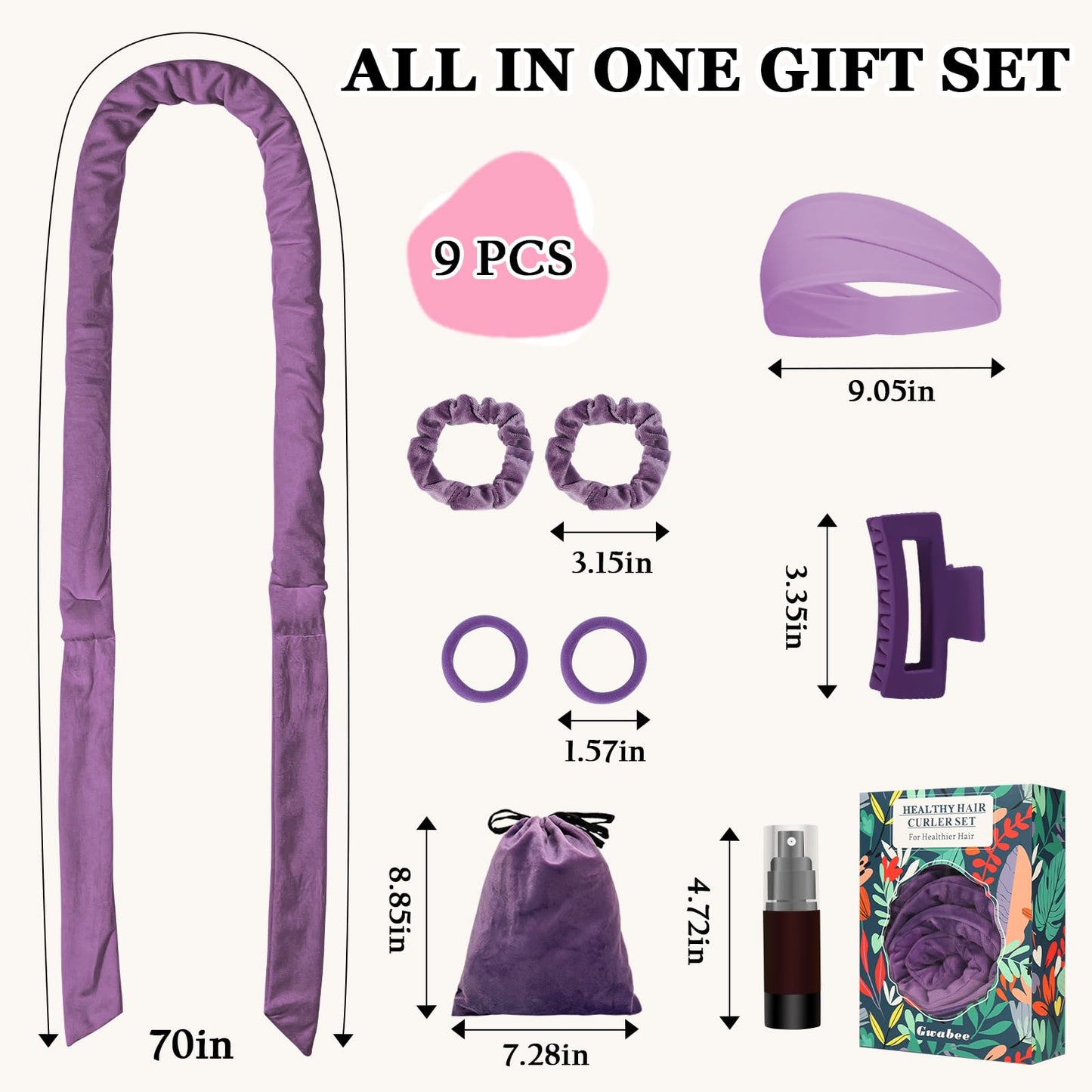 Gwabee No Heat Overnight Curl Headband, 70" Soft Ribbon Wrap with 9 PCS Curling Rods and Yoga Strap - Purple