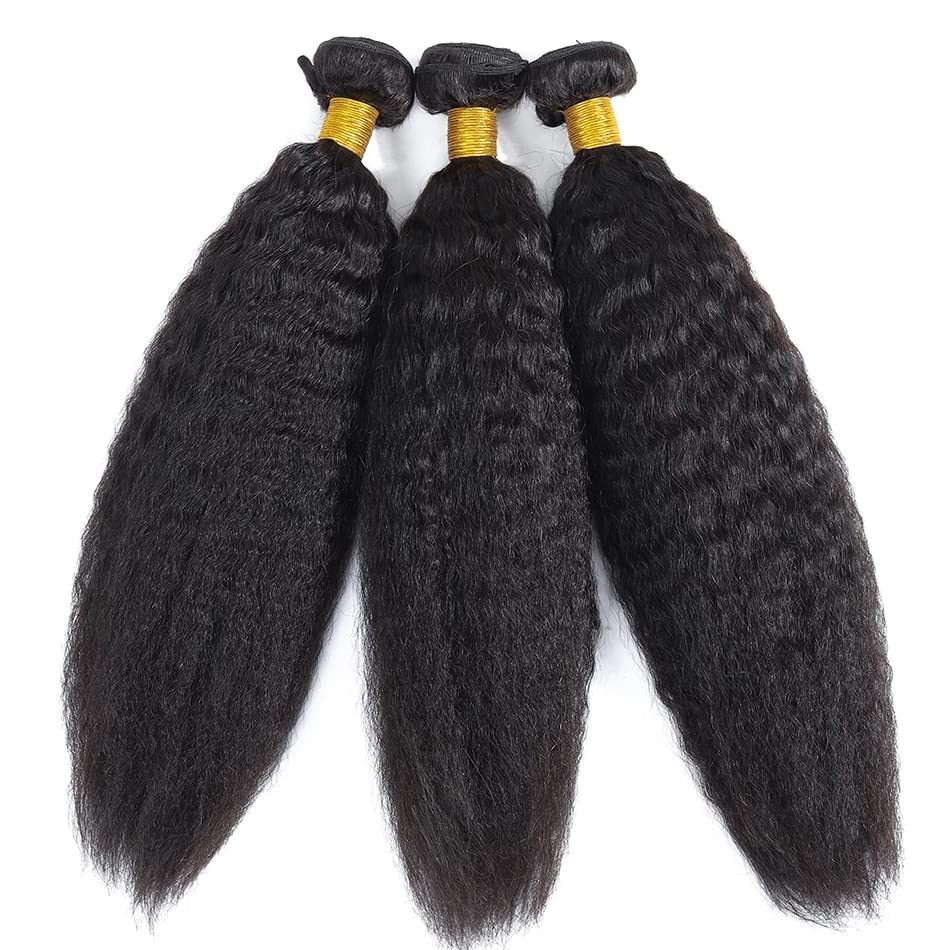 1B Yaki Straight Bundles Human Hair Color 1B Kinky Straight Bundles 8a Grade Double Weft Brazilian Remy Hair Weave Extensions Soft and Silky for Black Women (24 26 28 inch 3 Bundles)