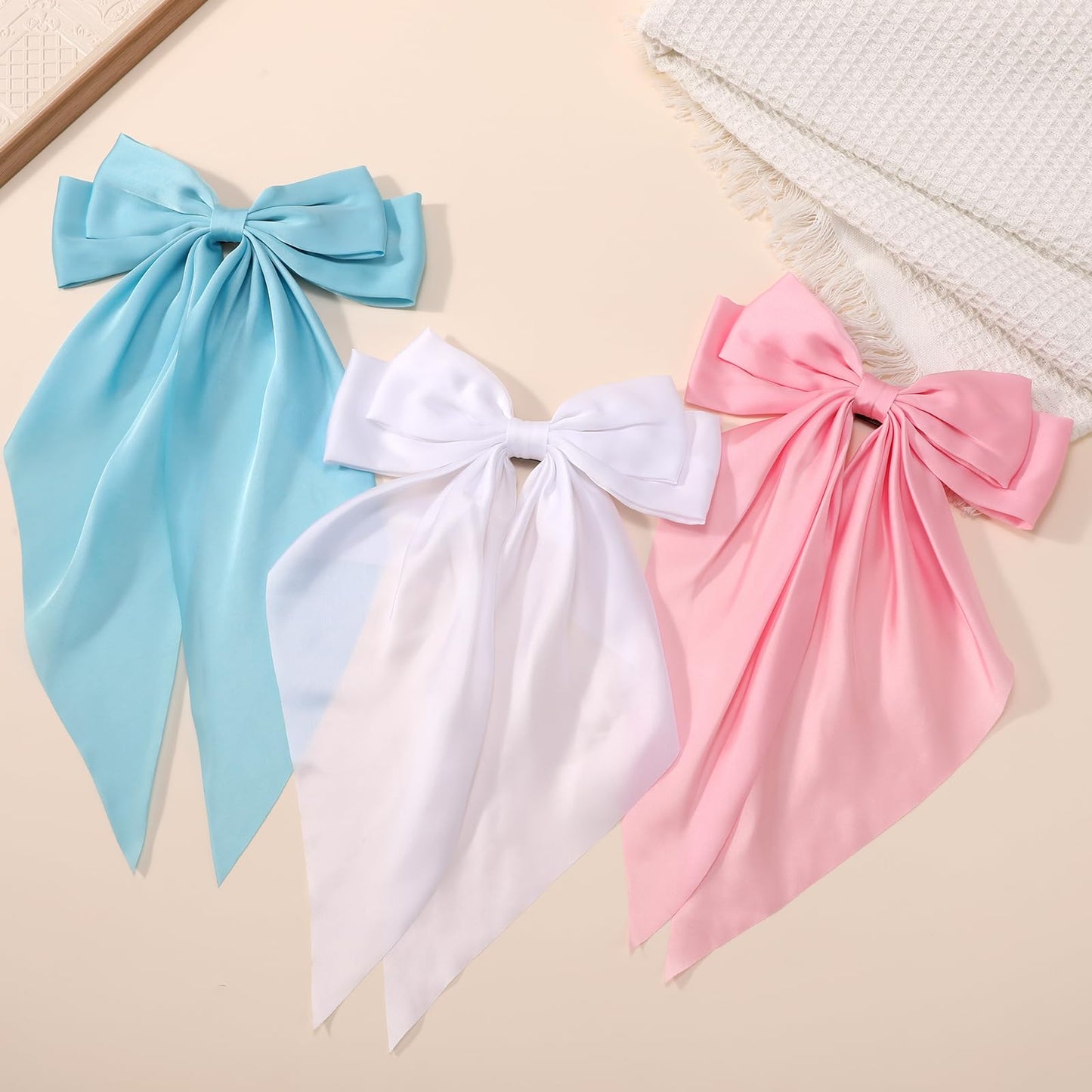 3 PCS Hair Bows for Women, Big Bow Hair Clips for Girls, Silky Satin Hair Bows Clips Oversized Long Tail, Large Hair Barrettes Cute Aesthetic Hair Accessories, Metal Bow Hair Clips Light Blue