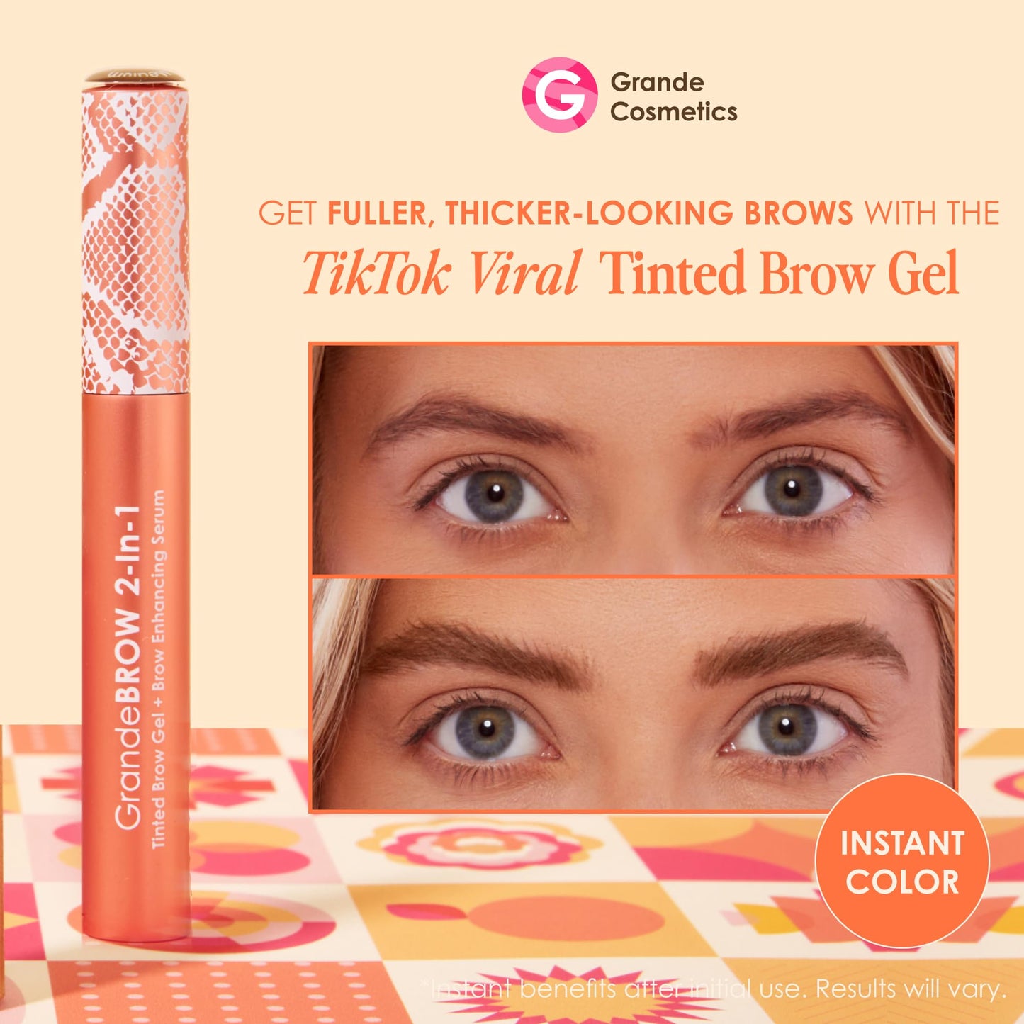 Grande Cosmetics 2-in-1 Tinted Brow Gel + Brow Enhancing Serum, Thick & Darker Brows, Shape & Fill Brows Effortlessly, Taupe, Travel Size