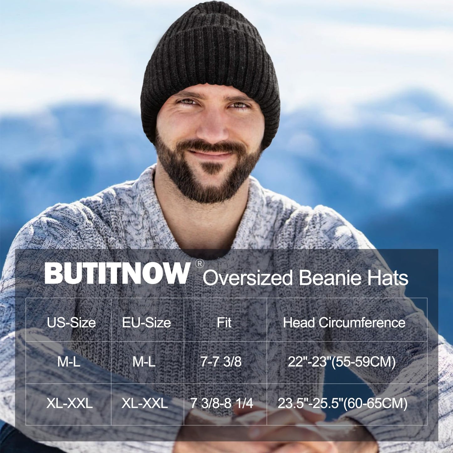 Oversize L/XL/XXL Beanie Hat for Big Heads - Unisex Merino Wool Cuff Beanie Winter Hat for Men and Women Slate Gray