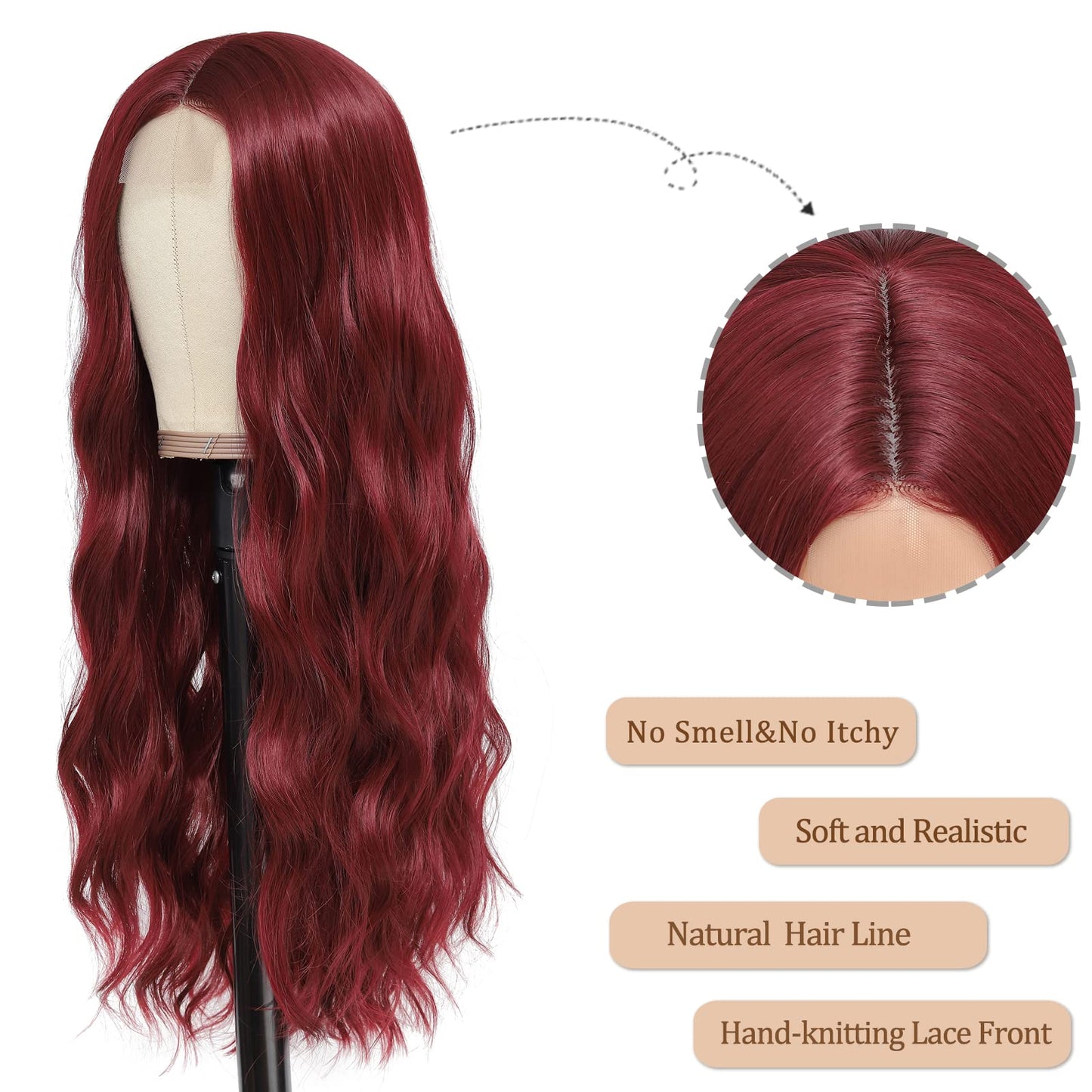 YBYMCAI Long Burgundy Wavy Wigs for Women Wine Red Middle Part Wig 26 inch Natural Looking Synthetic Wig Heat Resistant Fiber Wigs for Daily Party Use