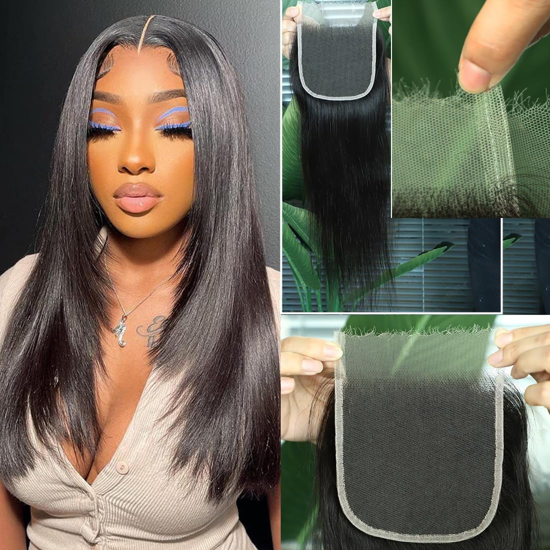 QTHAIR 14A Grade Brazilian Straight Human Hair Bundles with Closure(14" 16" 16"+12"Free Part Lace Closure,Natural Black) 100% Unprocessed Brazilian Virgin Hair Extensions for All Women