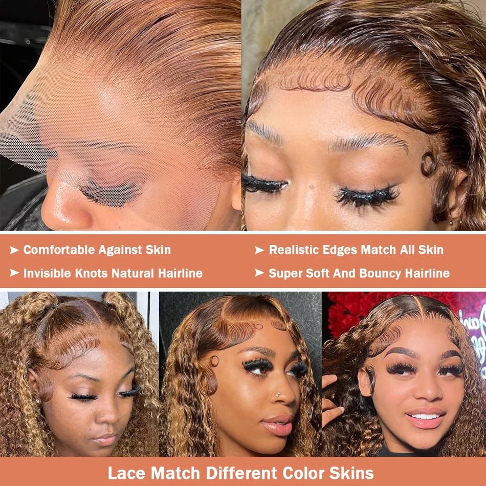 13x6 Highlight Ombre Deep Wave Lace Front Wigs Human Hair Pre Plucked 22 Inch P4/27 Colored Glueless Wigs Human Hair Honey Blonde Curly Human Hair Wig for Women with Baby Hair 180 Density