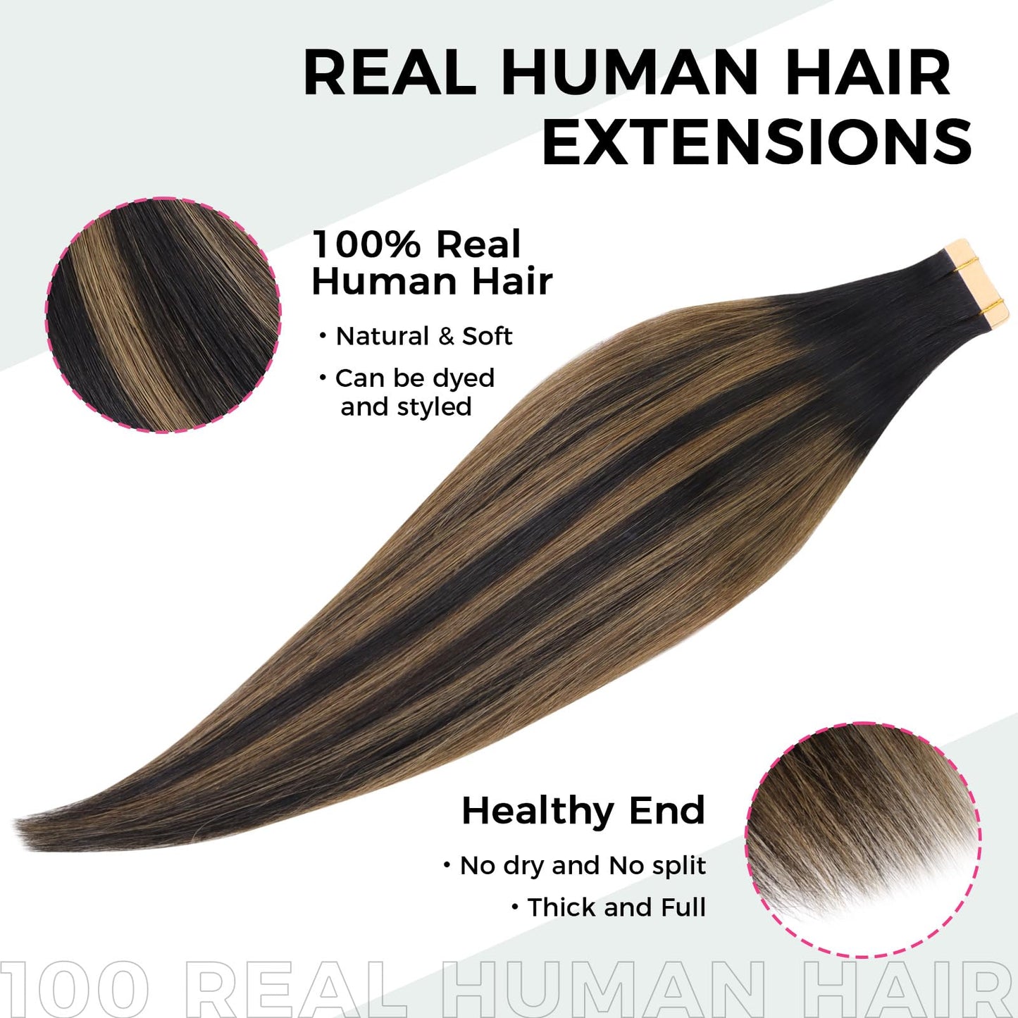 Lashey Tape in Hair Extensions 25g 10pcs 16 Inch Straight Natural Black Mixed Chestnut Brown Highlighted Hair Extensions Tape in Hair for Women