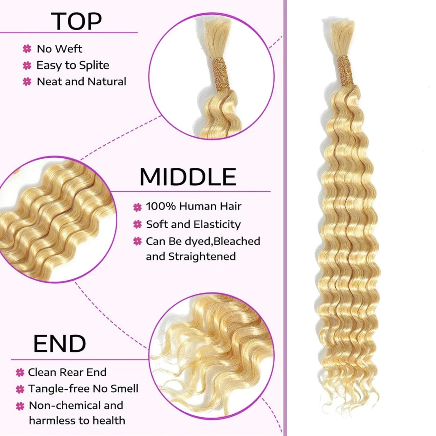 613 Blonde Human Braiding Hair 2 Bundle 100g 22 Inch Deep Wave Bulk Hair for Braiding Unprocessed Brazilian Virgin Curly Human Hair Extensions for Boho Braids Wet and Wavy