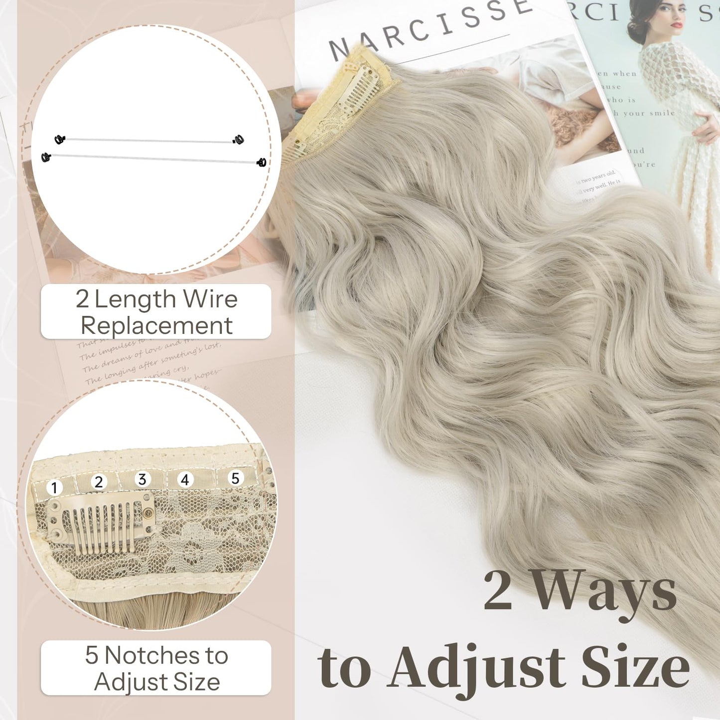 KooKaStyle Invisible Wire Hair Extensions with Transparent Wire Headband Adjustable Size 4 Secure Clips Silver Grey Blonde Long Wavy Hairpiece for Women