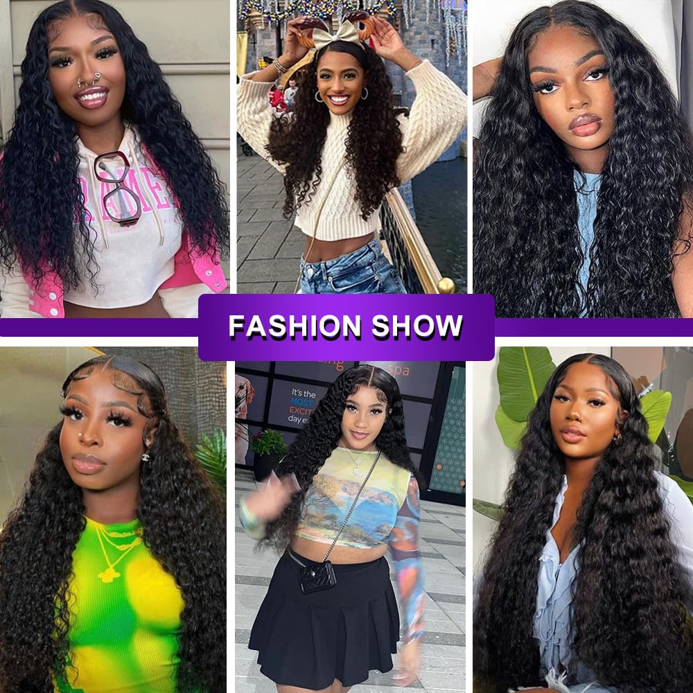 13x6 Deep Wave Lace Front Wigs Human Hair 200% Density Black Curly Lace Frontal Wig Human Hair for Women Glueless Wigs Human Hair Wet and Wavy Wigs Pre Plucked with Baby Hair (32 Inch)