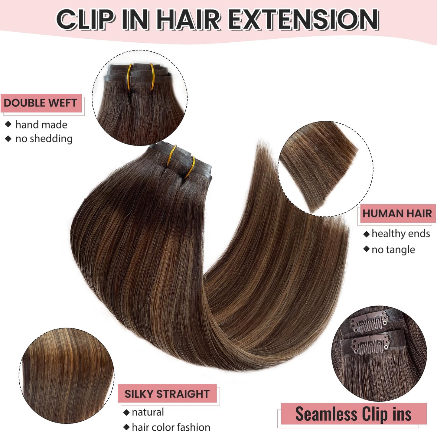 Hair Extensions Clip in Ombre Brown Highlights 7 Pcs Seamless Human Hair Clip in Extensions 22 Inch Invisible PU Skin Weft Natural Remy Human Hair Extensions for Women Full Head 100G