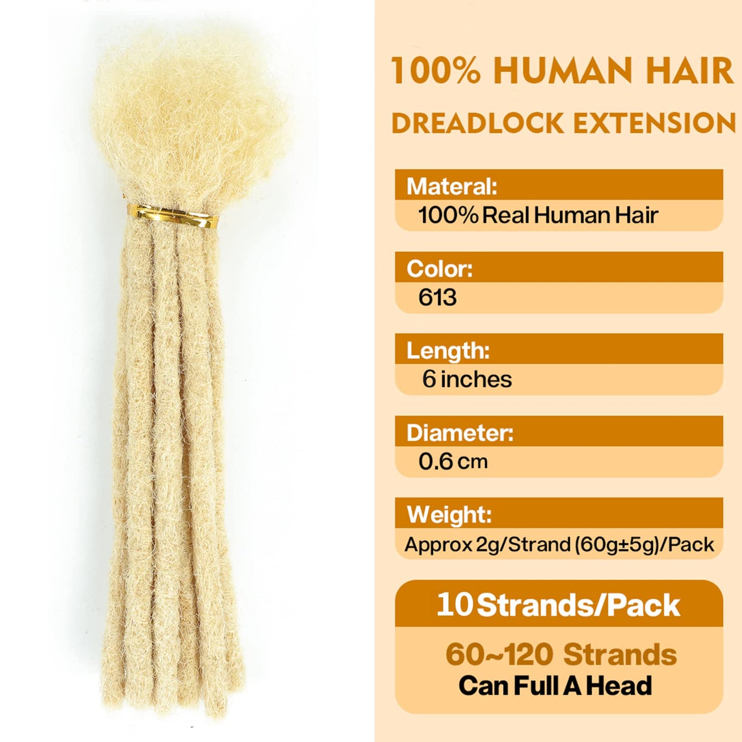6-18 Inch Dreadlock Extensions Human Hair Fully Handmade Human Hair Dreadlock Extensions for Man/Women Locs Extensions Human Hair Can Be Dyed Bleached Curled… (6Inch-10Strands, 0.6CM Width-613#)