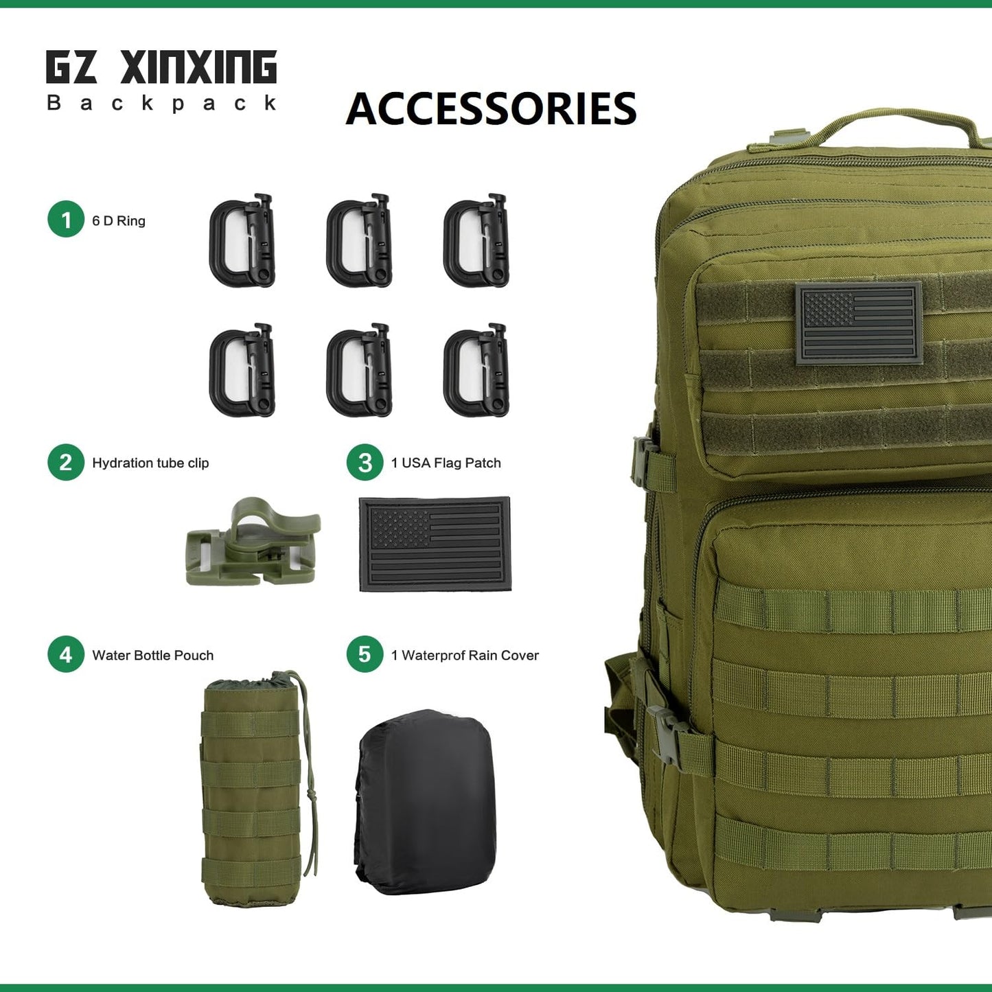 GZ XINXING 3 Day Large Assault Pack Military Tactical Army Molle Rucksack Backpack Bug Out Bag Hiking Daypack (GREEN)