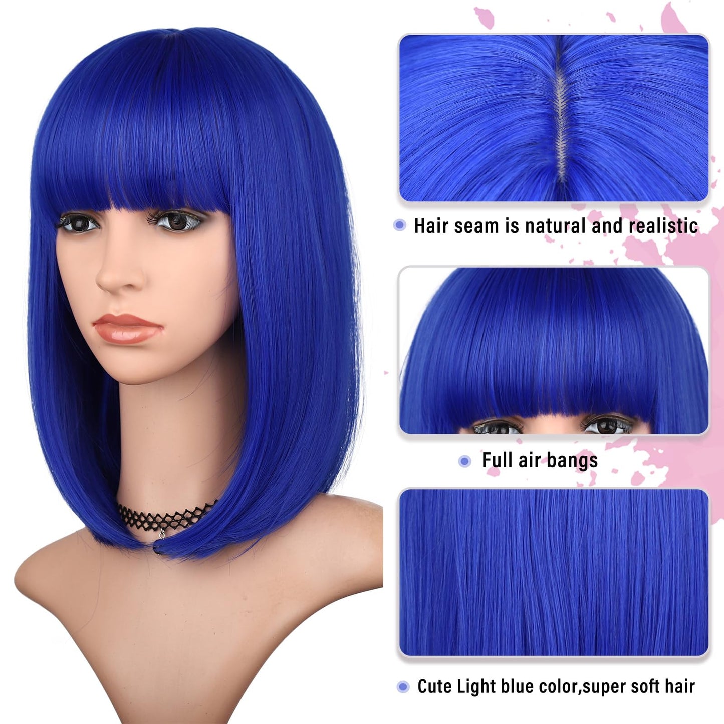 BEAUTIFA Blue Bob Wig with Bangs for Women 12 Inch Short Straight Blue Wigs Synthetic Colored Wigs