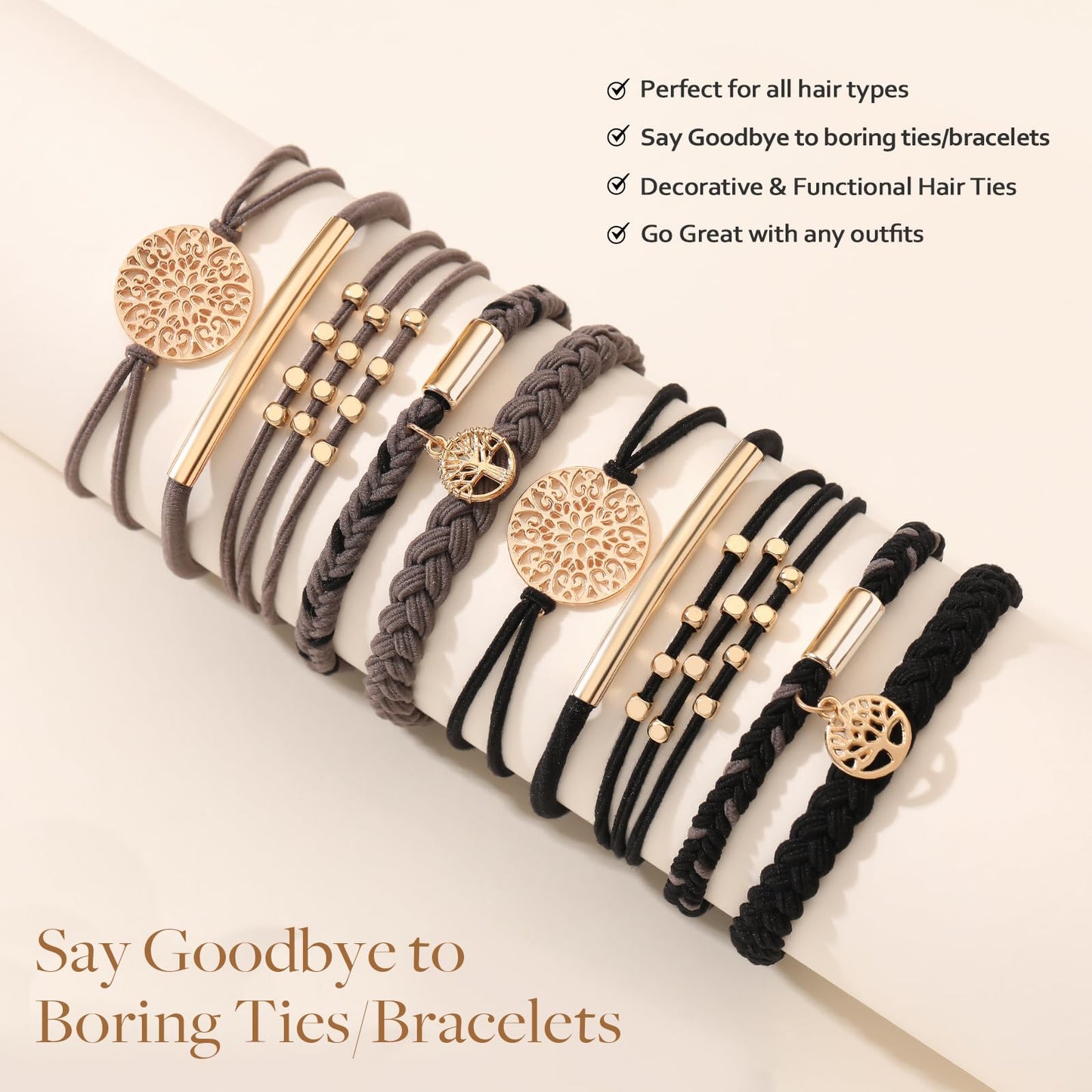 10 PCS Boho Hair Ties - No-Damage, 5 Styles for Thick & Thin Hair, Cute Stretch Bracelets, Braided Ponytail Holders, Grey