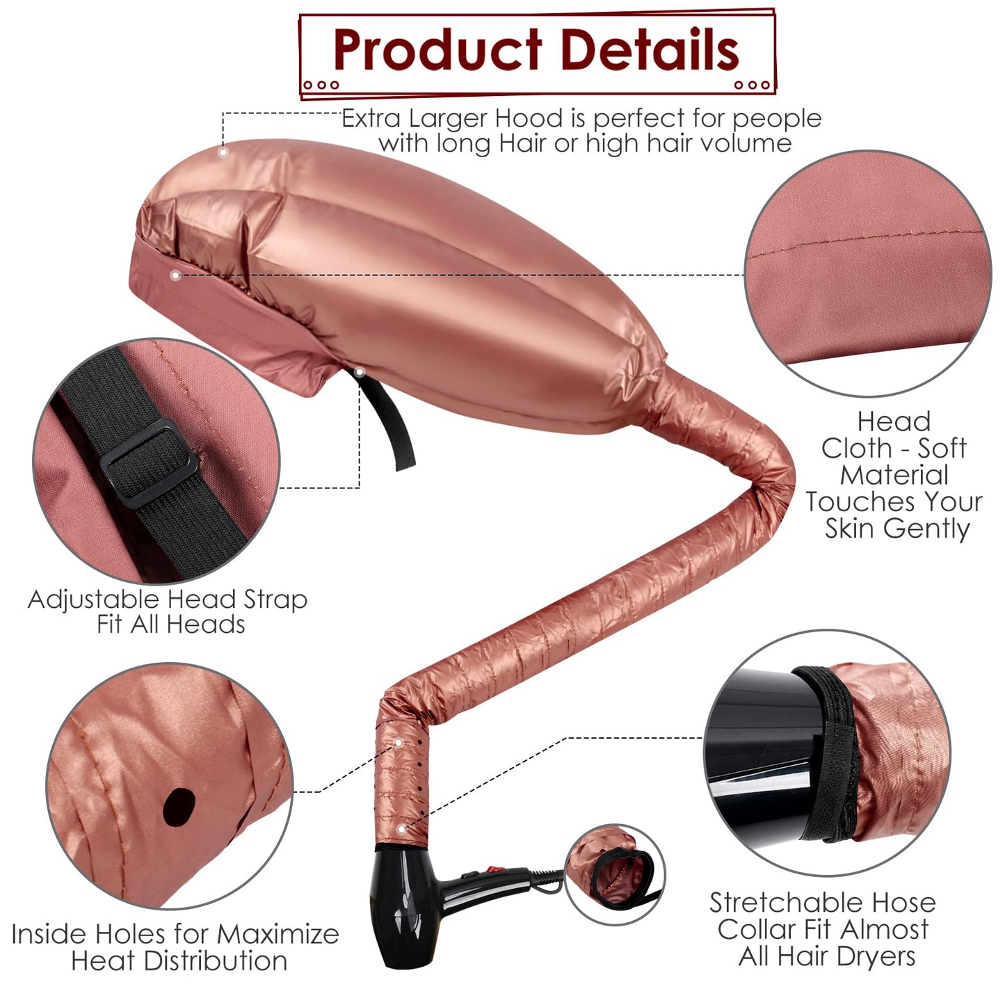 TEPENAR Bonnet Hair Dryer Attachment: Upgraded Extra Large Adjustable Hair Dryer Cap - Easy to Use for Natural Curly Textured Hair Care Styling Fast Drying - Rose Gold