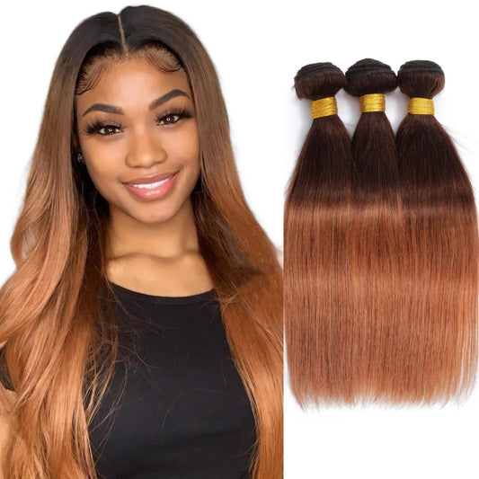 10A Ombre Human Hair Bundles Straight Bundles Brazilian 100% Unprocessed Virgin Remy Hair Bundles Straight Ombre Hair 2 Tone Black to Honey Brown Human Hair Extensions (T4/30, 20 22 24)