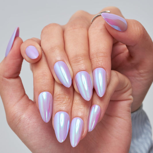 GLAMERMAID Metal Purple Press on Nails Medium Almond, Pure Chrome Glazed Mirror Jelly Soft Gel Fake Nails Stiletto, Glossy Glue on Nails Short Oval, Reusable Acrylic Stick on False Nails Kit for Women
