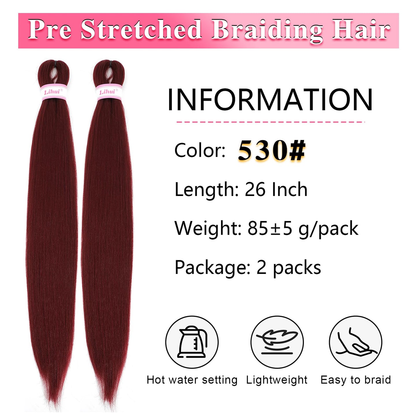 530 Braiding Hair Pre Stretched 26 Inch 2 Packs 530 Braid Hair Professional Prestretched Braiding Hair Extensions for Box Braids(530#, 2 Packs, 26 Inch)