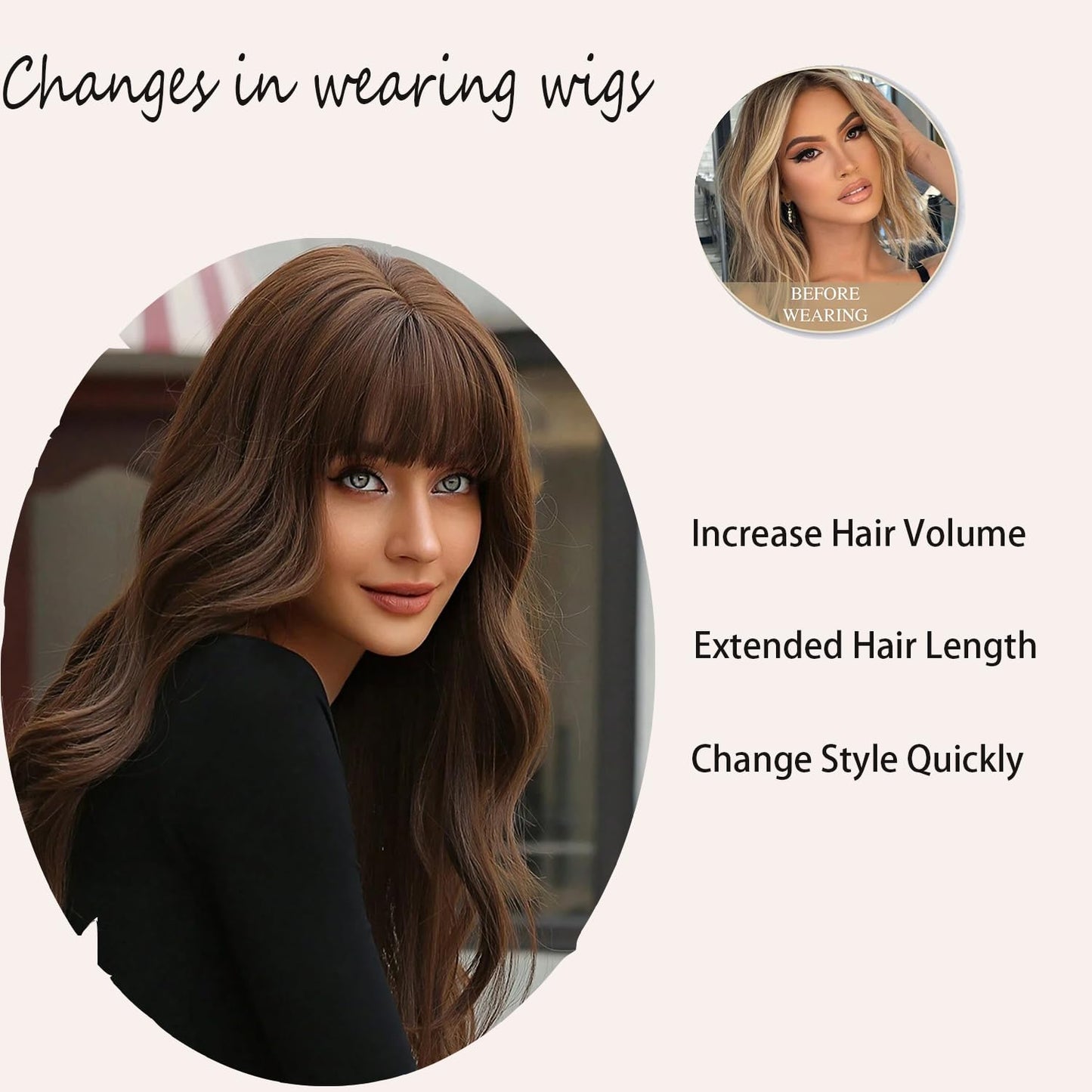 punhurt Brown Wig with Bangs 26 Inches Long Wavy Curly Wig for Women Synthetic Wigs for White Women Wigs with Bangs