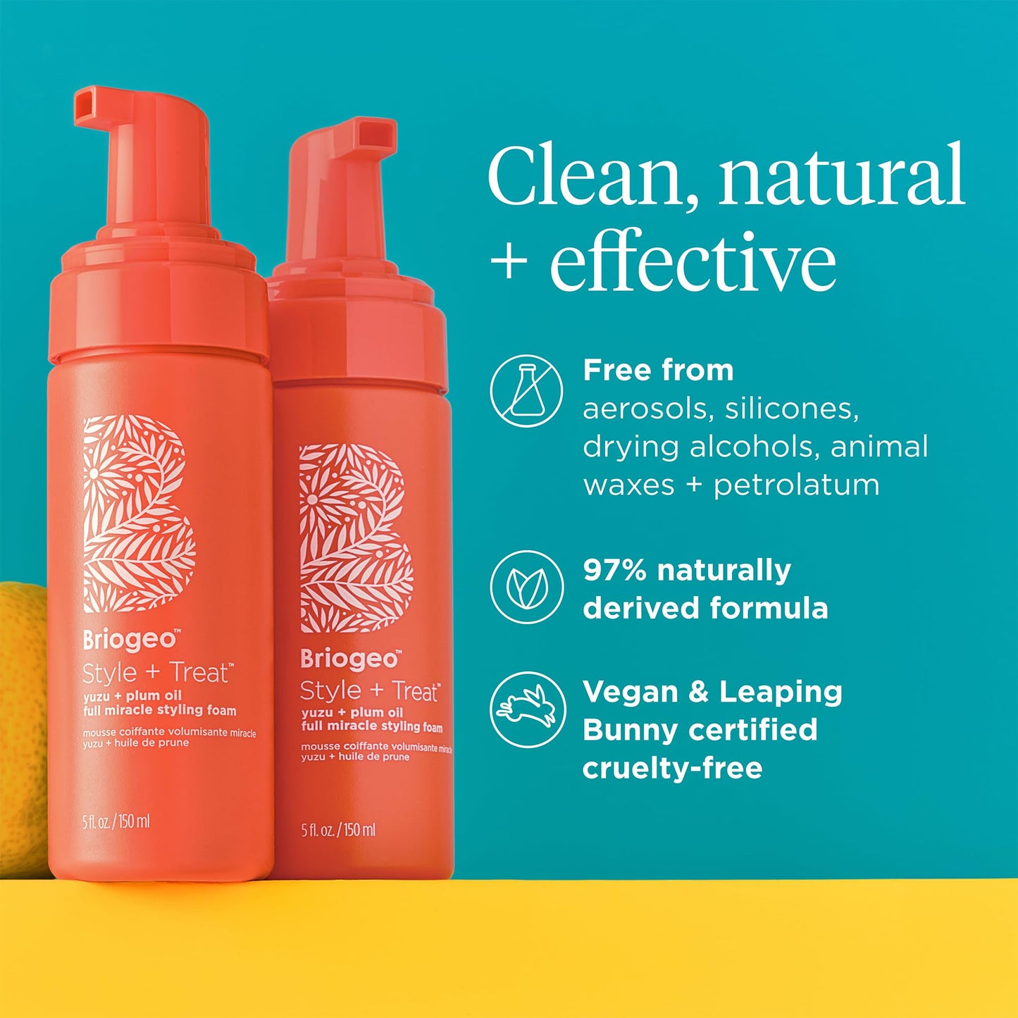 Briogeo Style + Treat Yuzu + Plum Oil Full Miracle Styling Foam, Control Frizz, Heat Protection, Enhance Wavy Hair, Volumized Hair Blowout, Add Texture to All Hair Types, Vegan, Cruelty-Free, 5 fl oz
