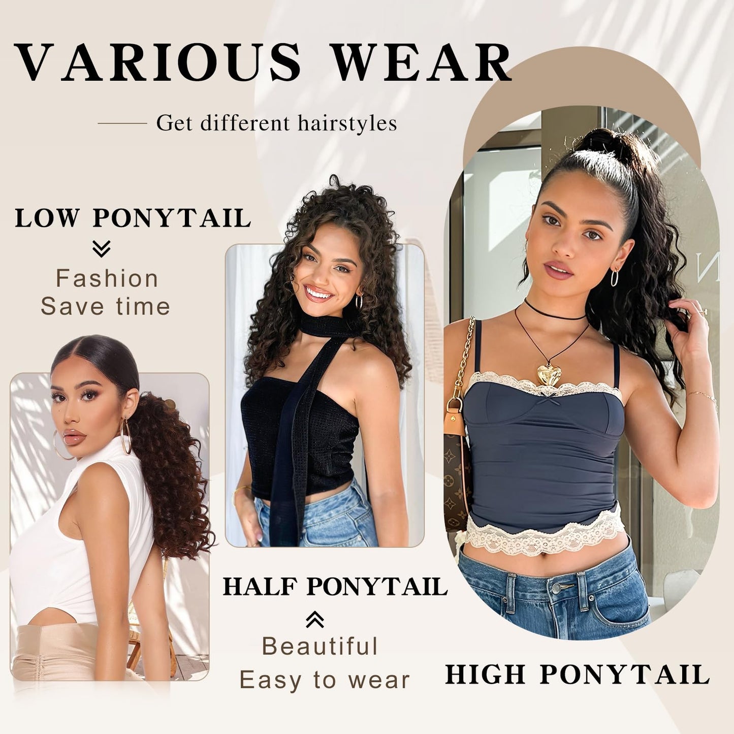 SHNMIN Ponytail Extension, Curly Drawstring Ponytail Extension for Women 18 Inch Curly Wavy Ponytail Yaki Textured Natural Fluffy Synthetic Hairpiece for Daily Use