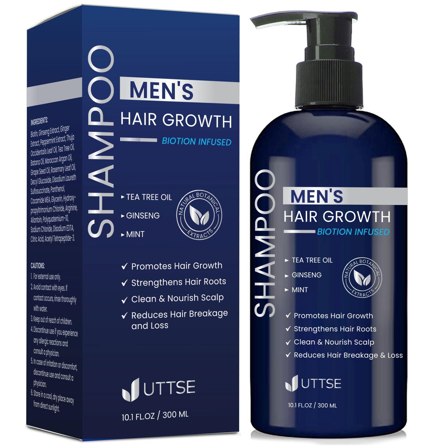 Uttse Biotion Hair Growth Shampoo for Men: Natural Thickening Shampoo with Tea Tree Oil Ginseng Mint for Hair Loss and Thinning Hair - 10.1 fl.oz, Dark Blue