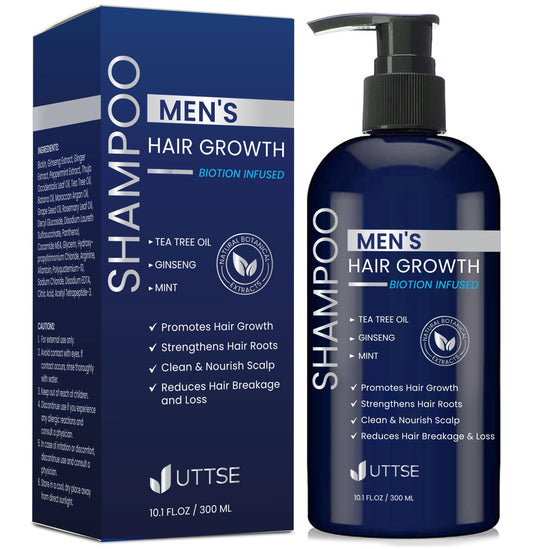 Uttse Biotion Hair Growth Shampoo for Men: Natural Thickening Shampoo with Tea Tree Oil Ginseng Mint for Hair Loss and Thinning Hair - 10.1 fl.oz, Dark Blue