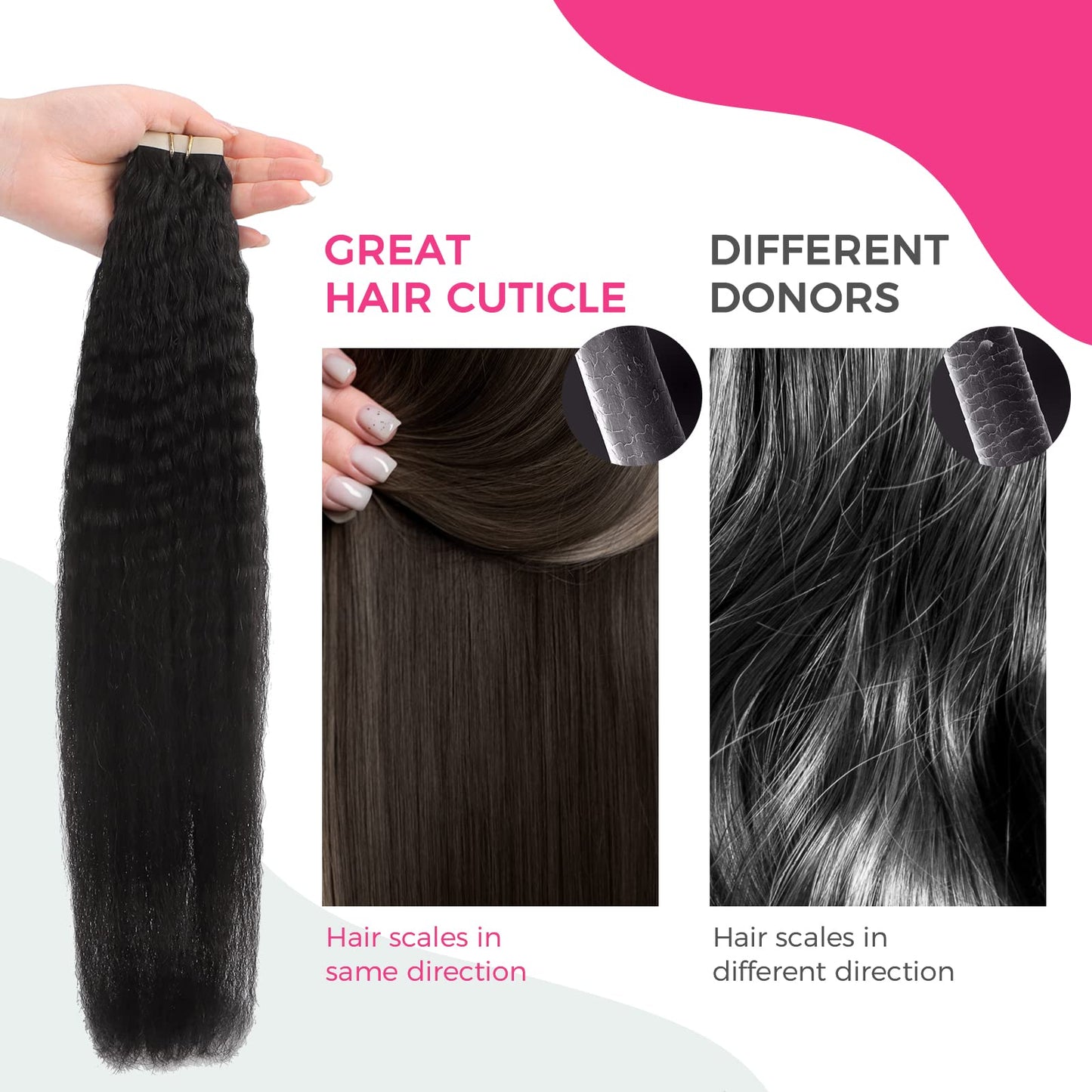 Lashey Tape in Hair Extensions Human Hair for Black Women Kinky Straight Tape in Hair Extensions Natural Black 14 Inch 50g/pack 20pcs Real Natural Human Hair for Women