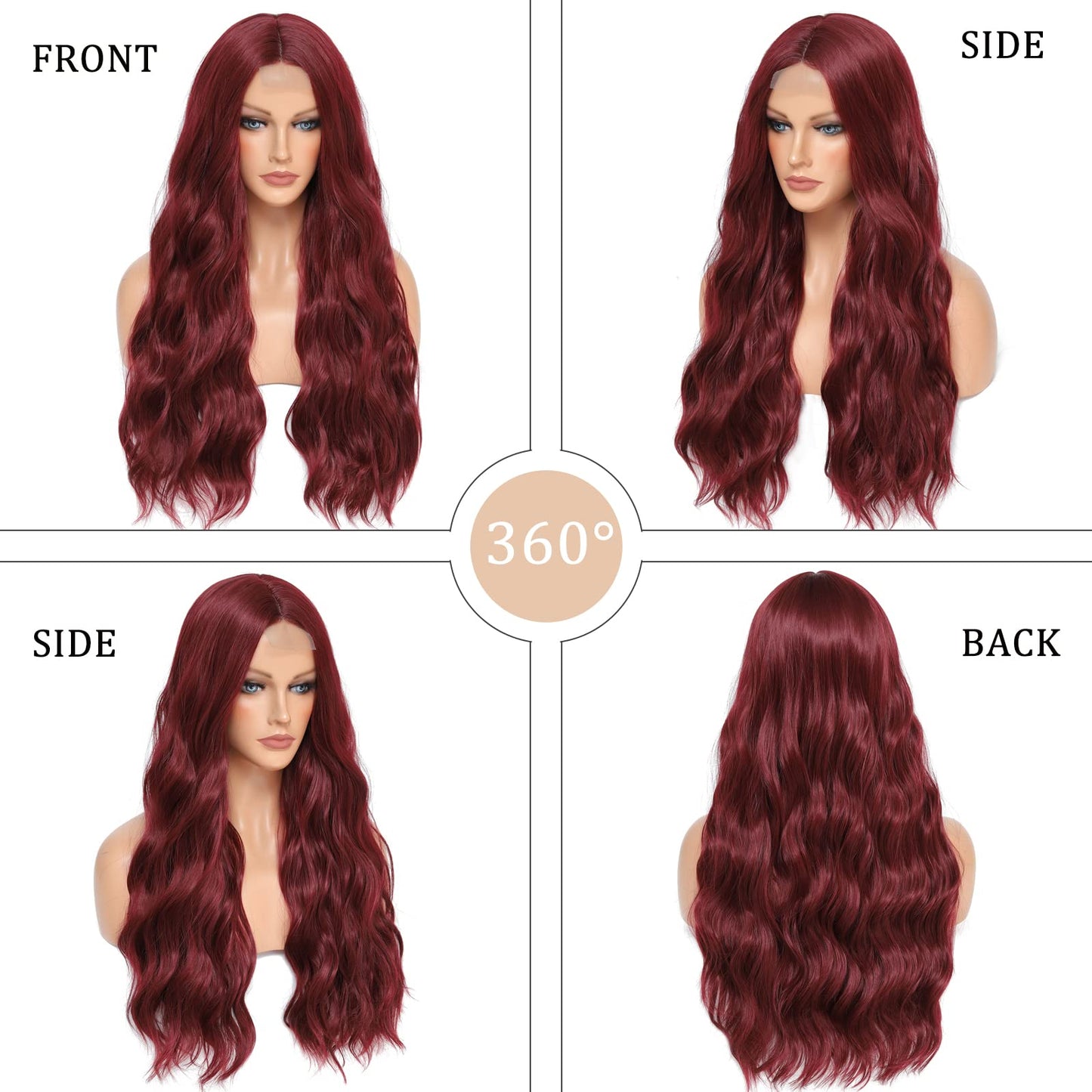 YBYMCAI Long Burgundy Wavy Wigs for Women Wine Red Middle Part Wig 26 inch Natural Looking Synthetic Wig Heat Resistant Fiber Wigs for Daily Party Use