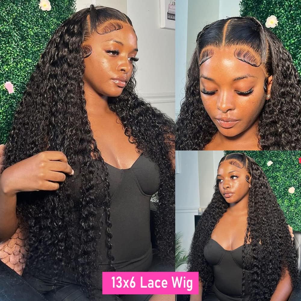 13x6 Deep Wave Lace Front Wigs Human Hair HD Lace Frontal Wigs Human Hair for Black Women Glueless Curly Lace Front Wig Pre Plucked with Baby Hair 150% Density (Natural Color, 20 inch)