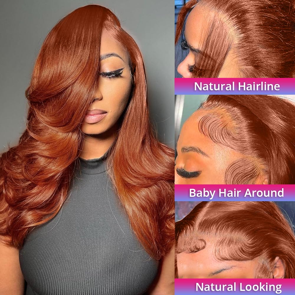 200 Density 13x6 Reddish Brown Lace Front Wigs Human Hair Pre Plucked 13x6 HD Transparent Body Wave Lace Front Wigs Human Hair With Baby Hair Ginger #33 Colored Human Hair Wig For Women (20 Inch)