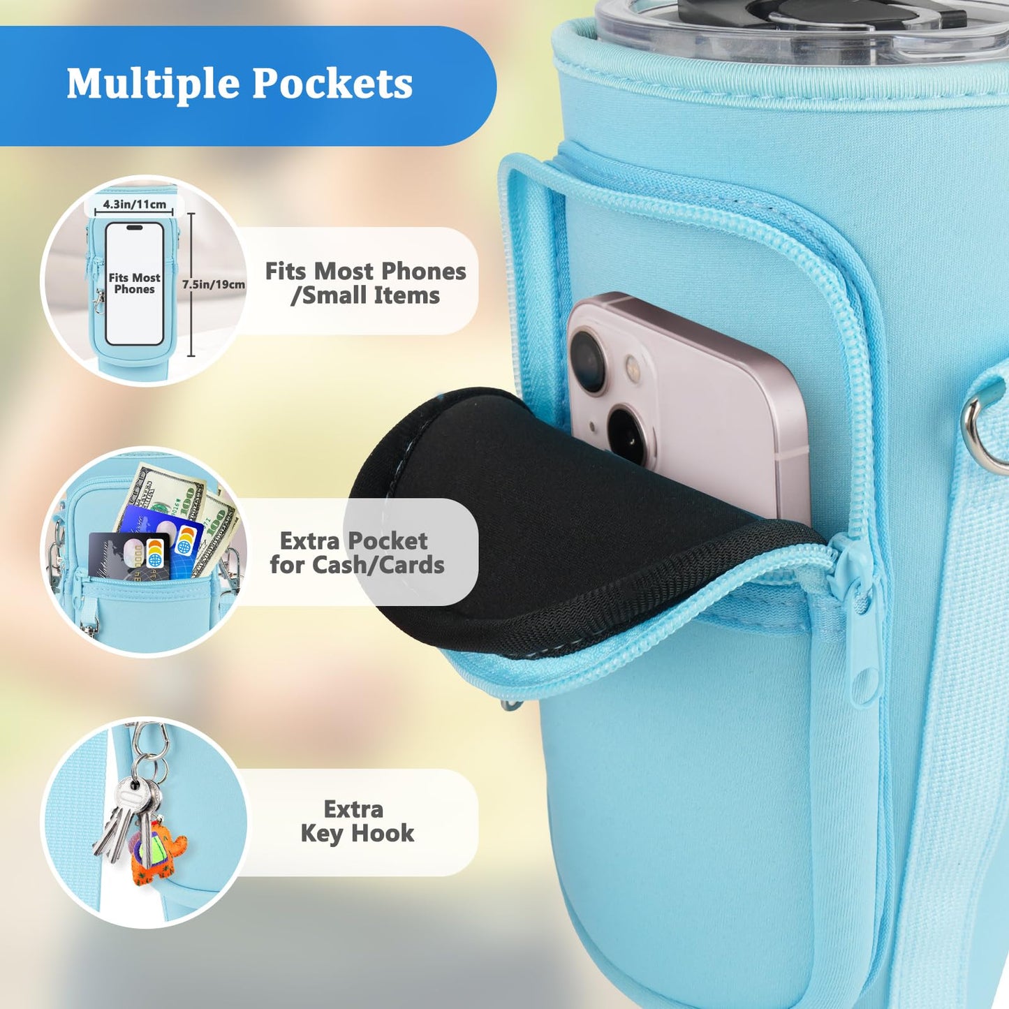 Water Bottle Carrier Bag with Phone Pocket Compatible with Stanley/Meoky 40 oz Tumbler with Handle,Neoprene Water Bottle Holder Pouch with Adjustable Strap Compatible with Stanley Cup Accessories