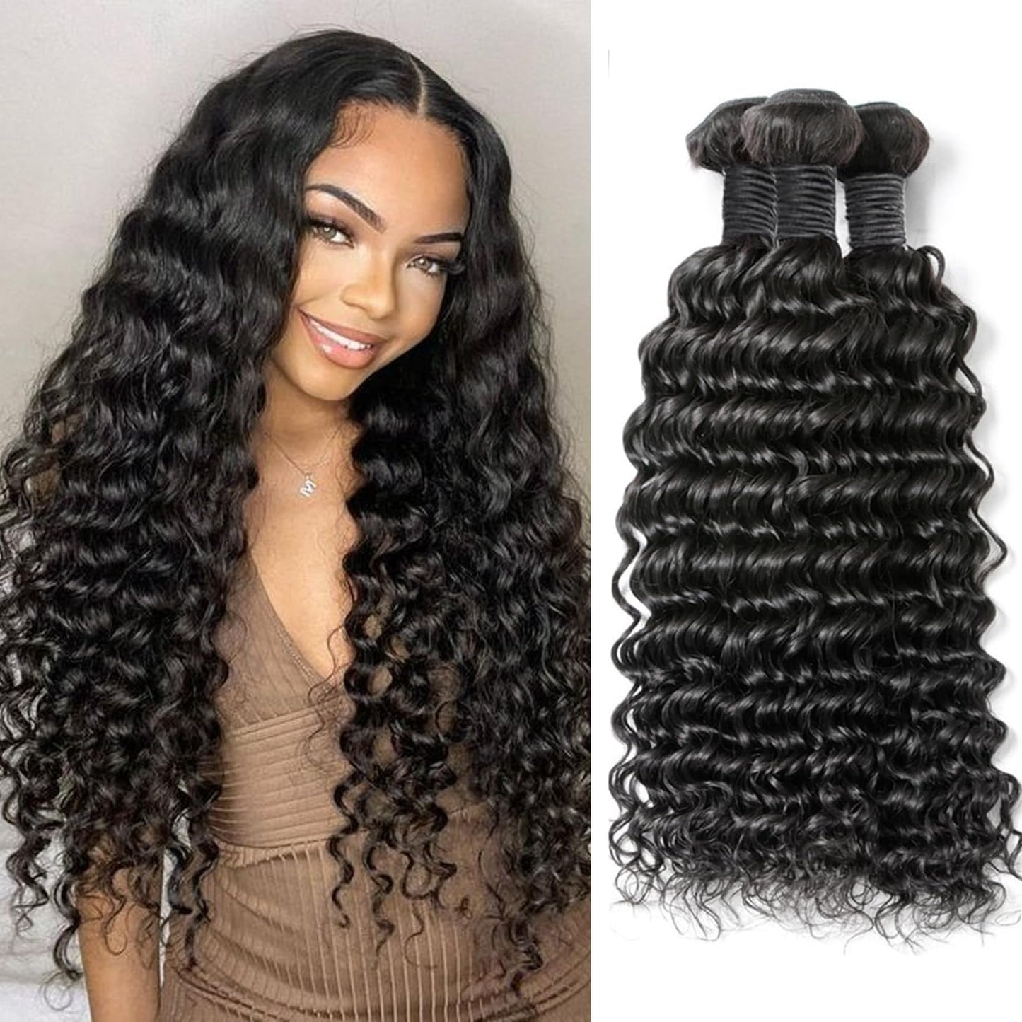 20 22 24 Inch Deep Wave Human Hair 3 Bundles 100% Unprocessed 12A Brazilian Virgin Human Hair Bundles Double Weft Deep Curly Weave Bundles Water Wave Bundles Natural Color