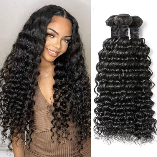 20 22 24 Inch Deep Wave Human Hair 3 Bundles 100% Unprocessed 12A Brazilian Virgin Human Hair Bundles Double Weft Deep Curly Weave Bundles Water Wave Bundles Natural Color