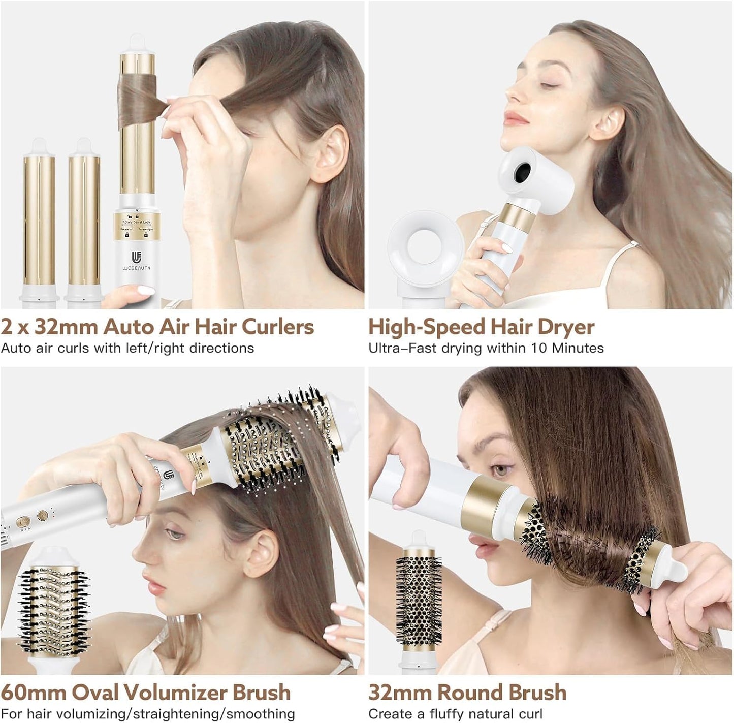 Hair Dryer Brush Blow Dryers: webeauty 5 in 1 One Step Professional Hot Air Brush Set for Fast Drying, Curling Drying, Straightening Combing, Hair Styler [Ceramic Coating] [Negative Ion] (White)