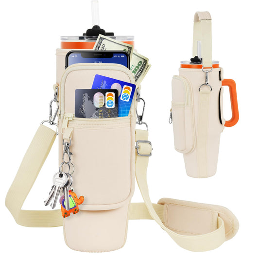 Water Bottle Carrier Bag with Phone Pocket Compatible with Stanley/Meoky 40 oz Tumbler with Handle,Neoprene Water Bottle Holder Pouch with Adjustable Strap Compatible with Stanley Cup Accessories