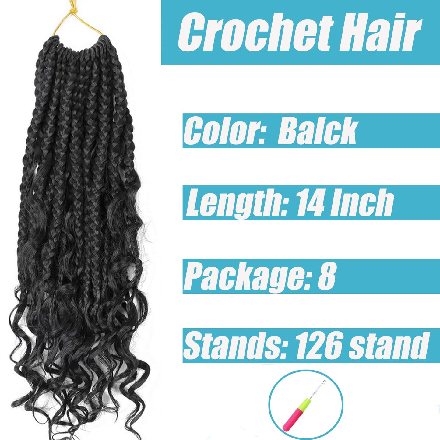 Goddess Box Braids Crochet Hair With Curly Ends 8 Packs-14 Inch Crochet Hair for Black Women Bohomian Crochet Box Braids (Black, 14inch)