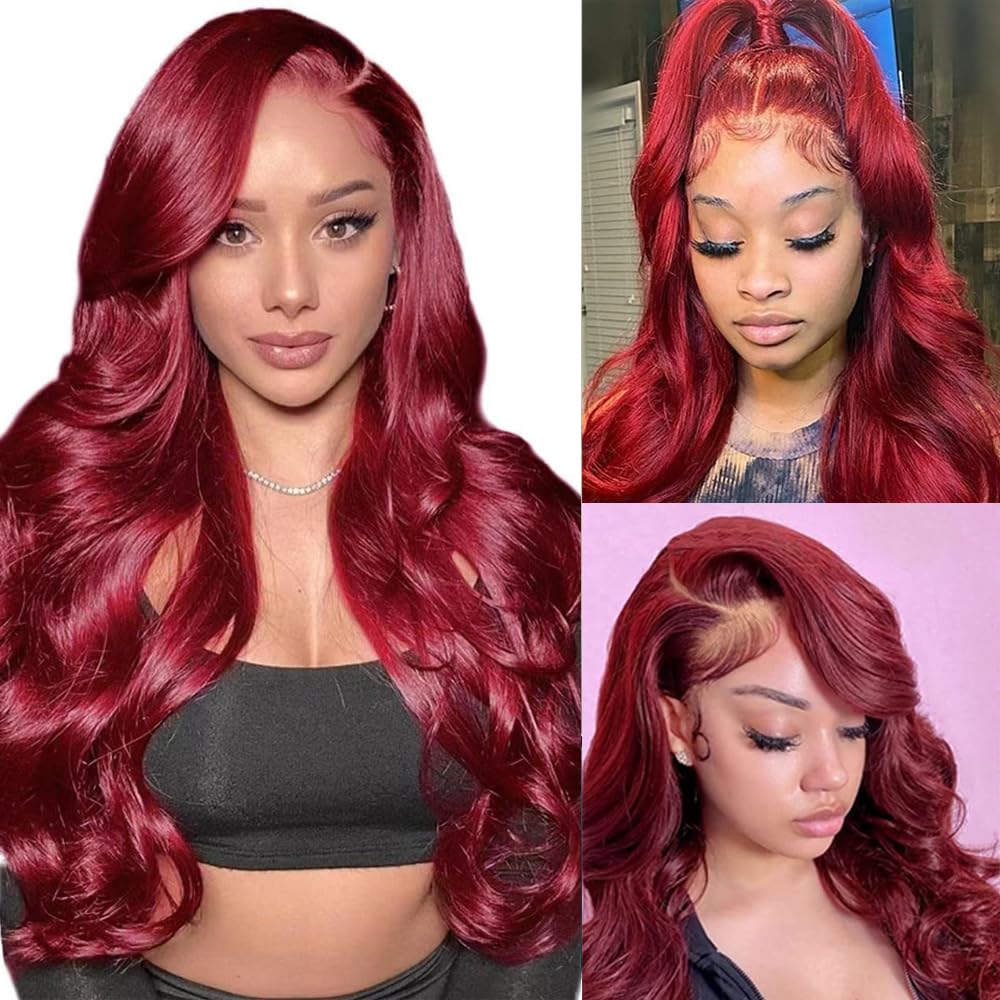 99J Burgundy Wine Red Color Body Wave 13x4 HD Lace Front Glueless Wigs Human Hair Pre Plucked Bleached Knots with Baby Hair Wigs Brazilian Human Hair Natural Hairline Wigs for Women(22Inch)