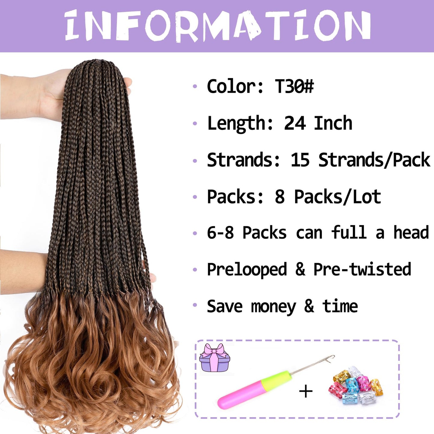 Curly Crochet Hair 24 Inch Goddess Box Braids Crochet Hair Pre Looped French Curl Crochet Braids French Curly Braiding Hair for Women 8 Packs Crochet French Curl Braids Hair Extension (1B/30)