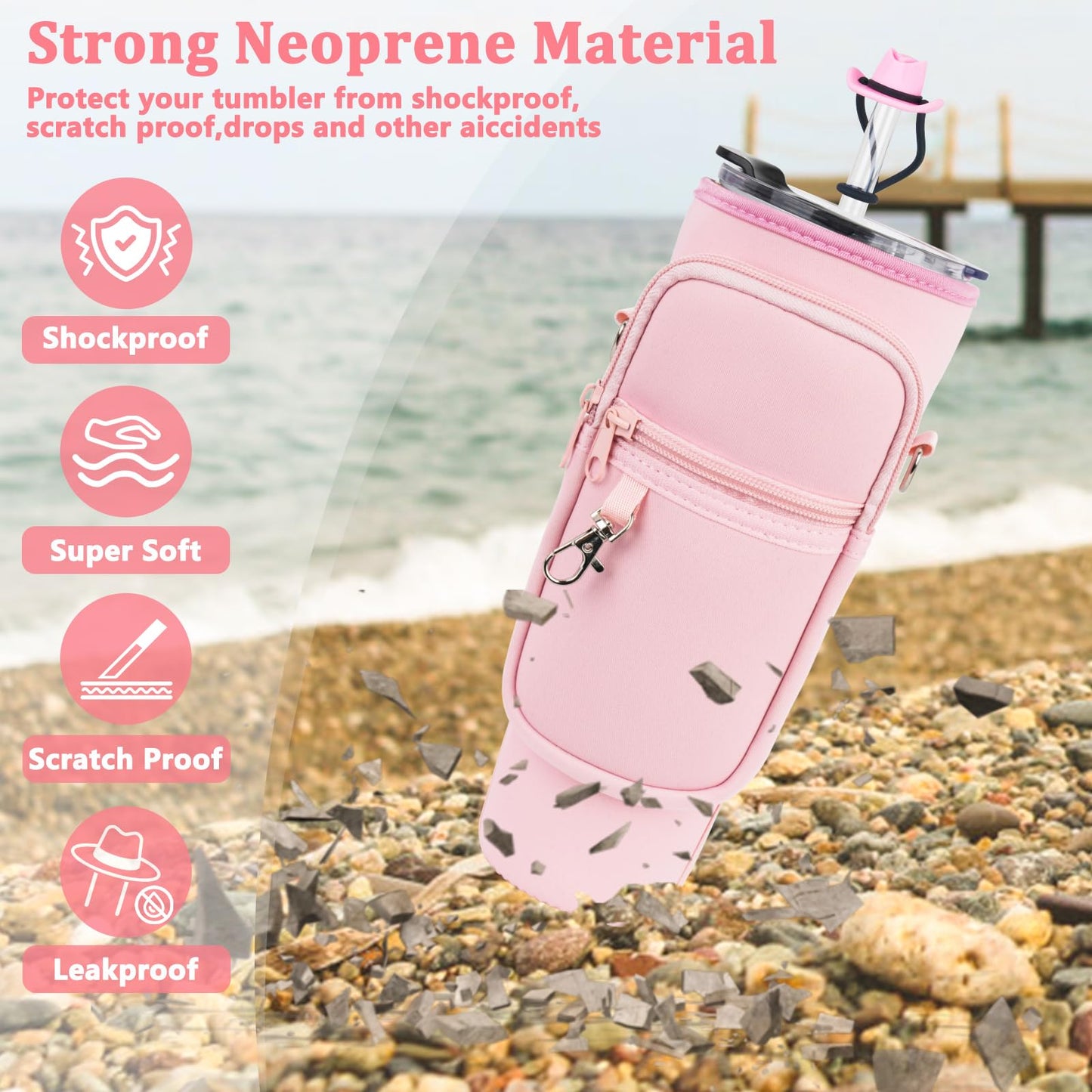 Water Bottle Carrier Bag with Phone Pocket and 2 Straw Covers Compatible with Stanley/Meoky/BrüMate 40 oz Tumbler with Handle,Water Bottle Holder with Adjustable Strap Fits for Stanley Cup Accessories
