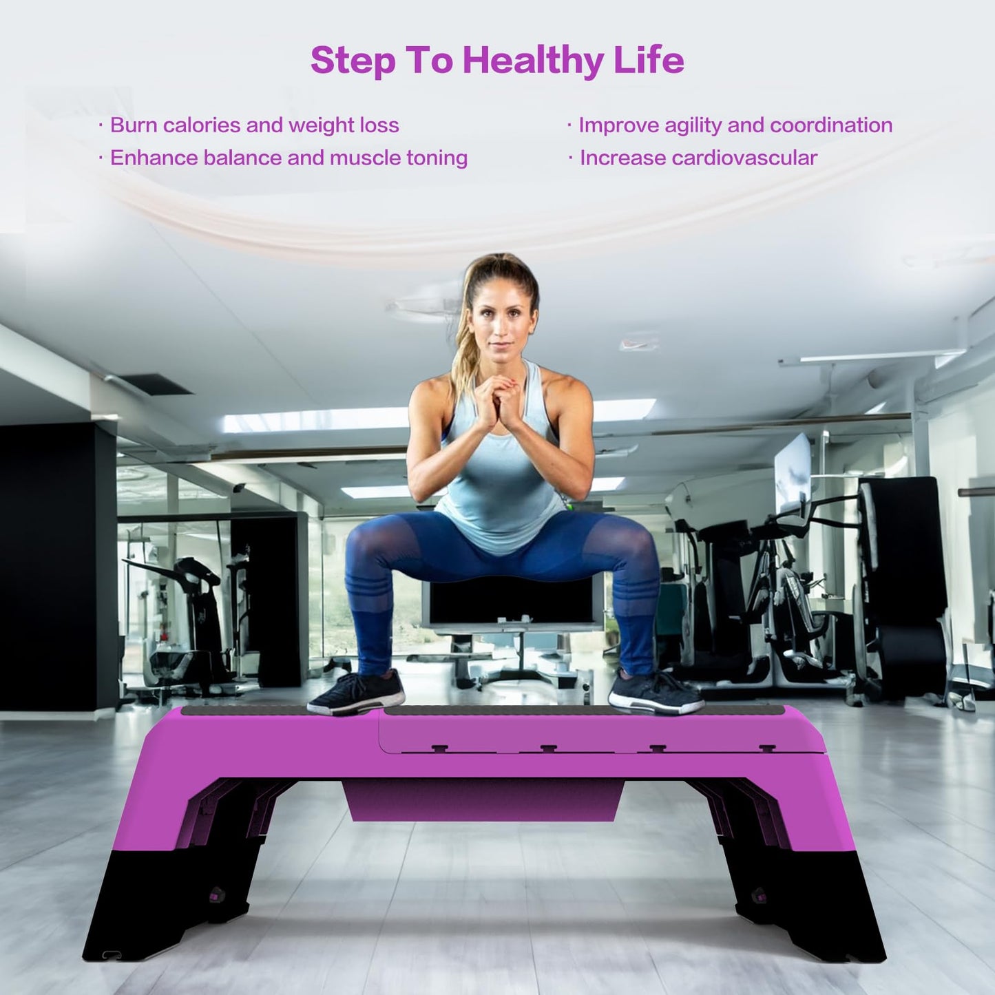 Modern-Depo Step Platform Cardio Exercise Equipment Workout Fitness Aerobic Deck Stepper with Resistance Bands Home Gym Adjustable Trainer Balance Board Dumbbell Bench
