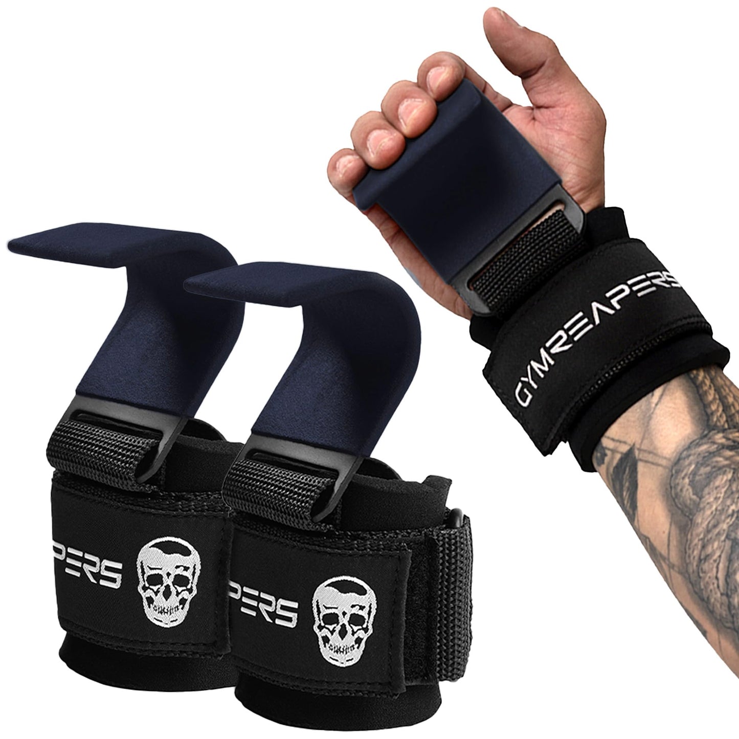 Gymreapers Weight Lifting Hooks (Pair), Heavy Duty Power Wrist Straps Hand Grip Support For Deadlifts, Pull Ups, Shrugs - Gym Gloves For Men and Women (Navy)