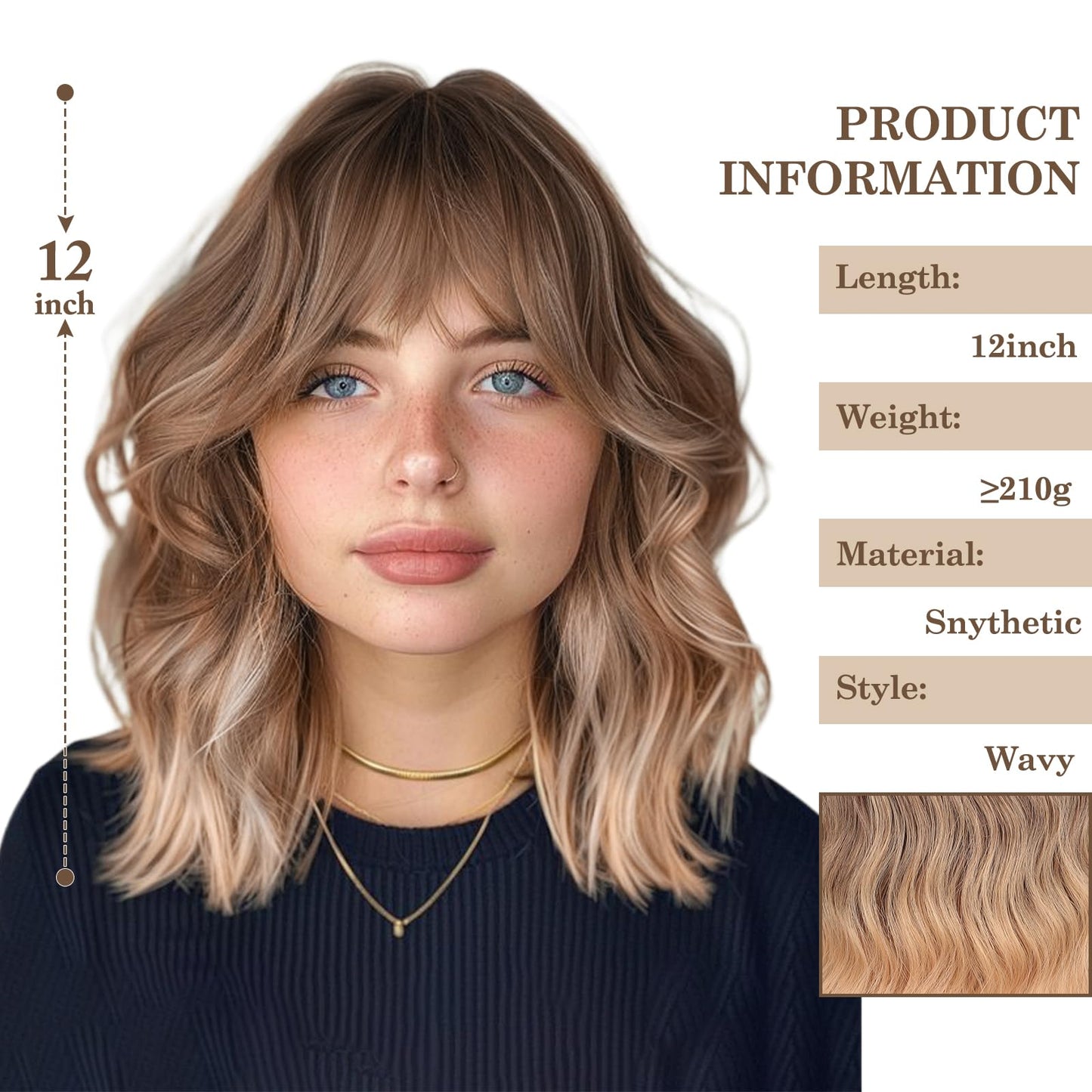 MISSQUEEN Ombre Blonde Wig with Bangs Short Wavy Brown Omber Blonde Wigs for Women Natural Looking Synthetic Heat Resistant Fiber Wig for Daily Party Cosplay Use