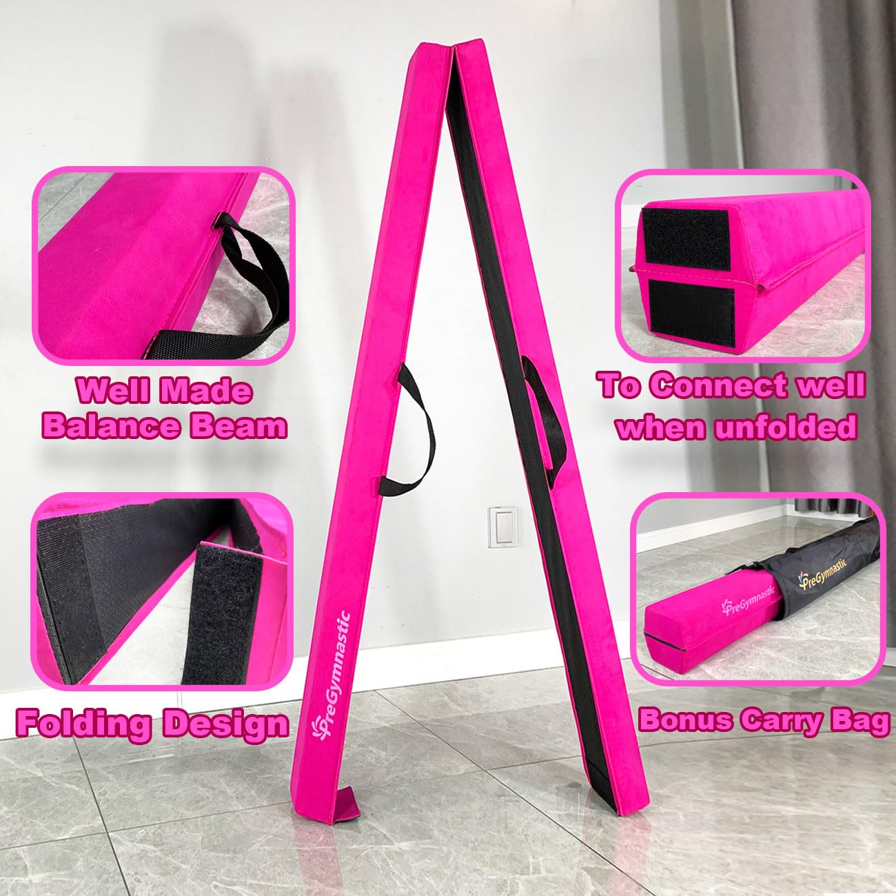 PreGymnastic 6FT/8FT/9.5FT Folding Balance Beam for Kids 3-12,Foldable Gymnastics Floor Beam-Extra Firm Suede Cover with Carry Bag for Home-Gym Equipment for Toddler Teenage (Pink, 8ft)