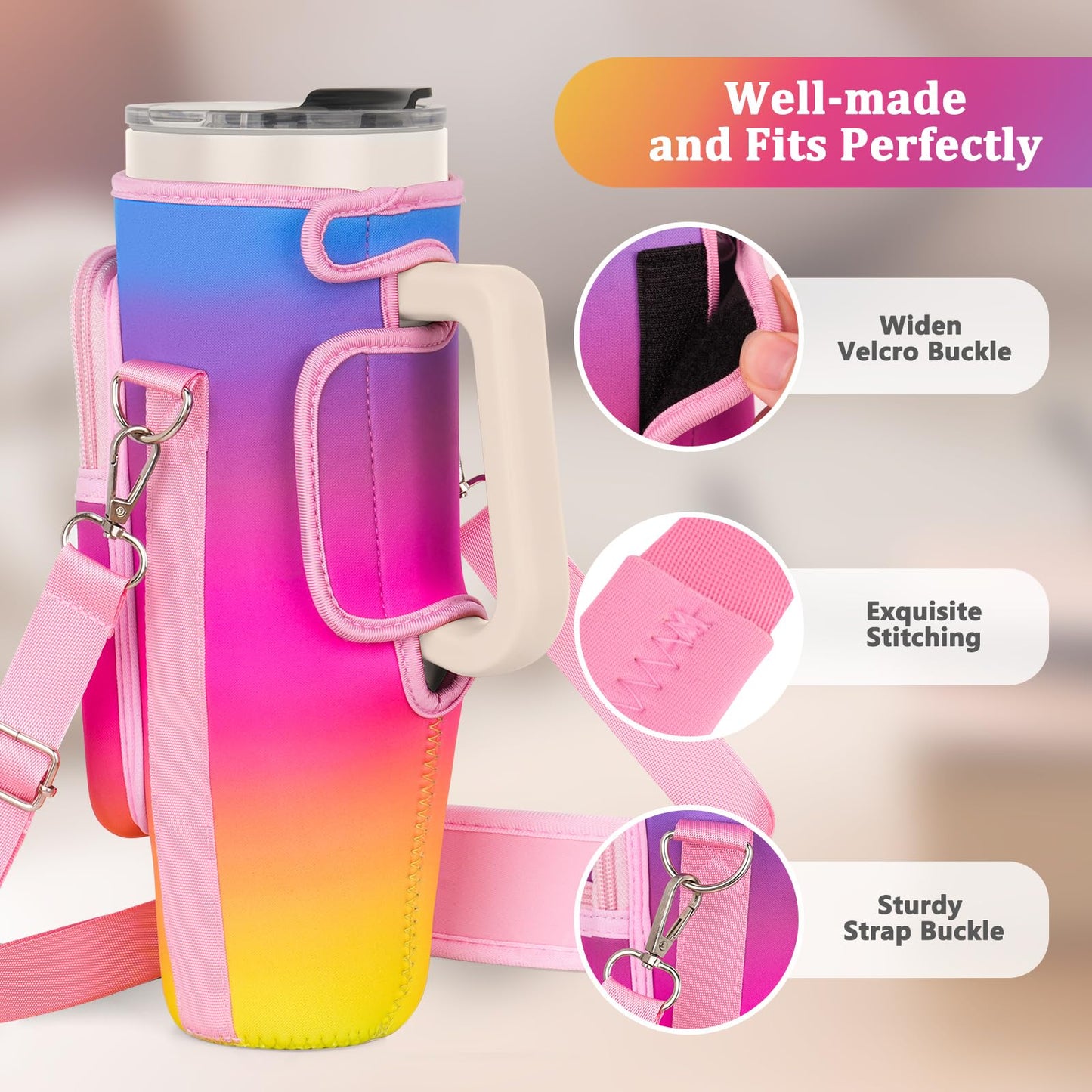 Water Bottle Carrier Bag with Phone Pocket Compatible with Stanley/Meoky 40 oz Tumbler with Handle,Neoprene Water Bottle Holder Pouch with Adjustable Strap Compatible with Stanley Cup Accessories