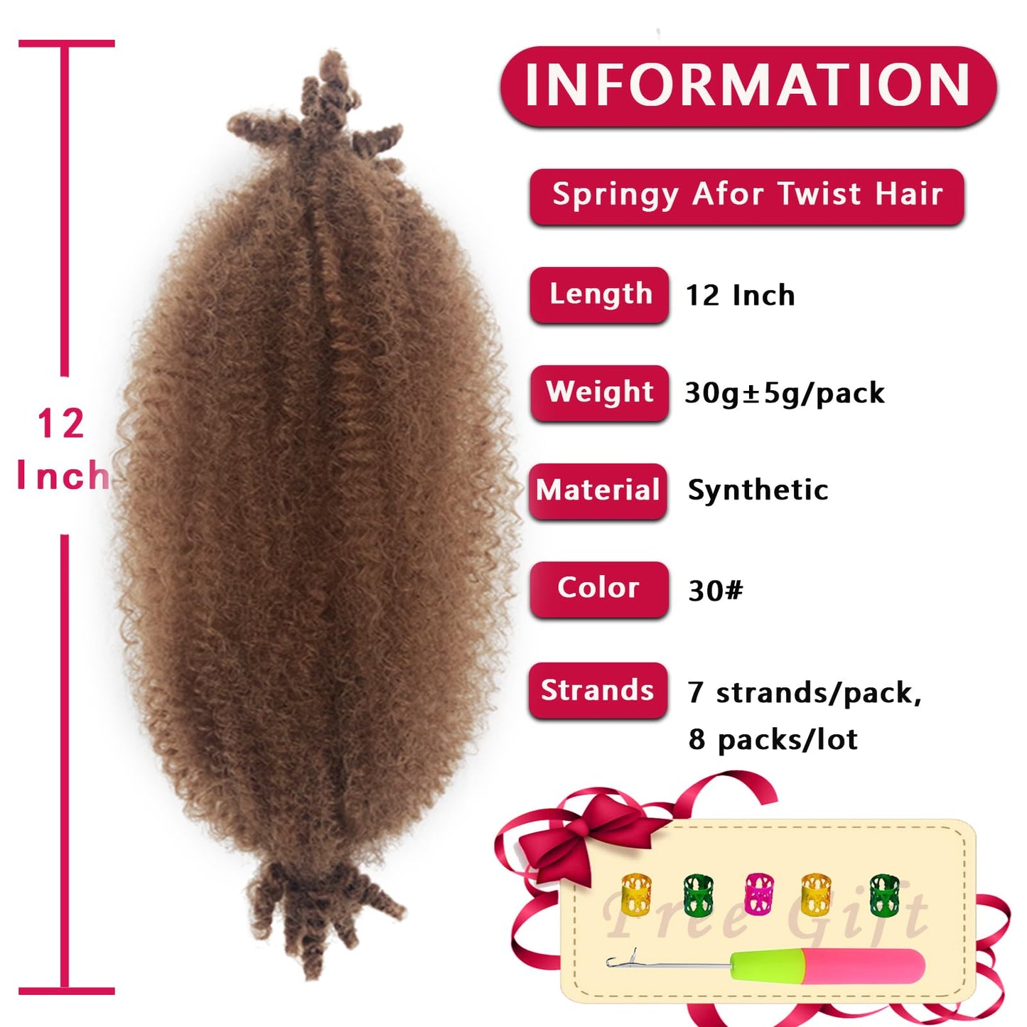 Afro Twist Hair 12 Inch Marley Hair 8 Packs Kinky Twist Hair for Braiding 30# Springy Afro Twist Hair Suitable for Damaged Soft Locs Synthetic Pre-Fluffed Twist Hair Braiding Hair Extension for Women