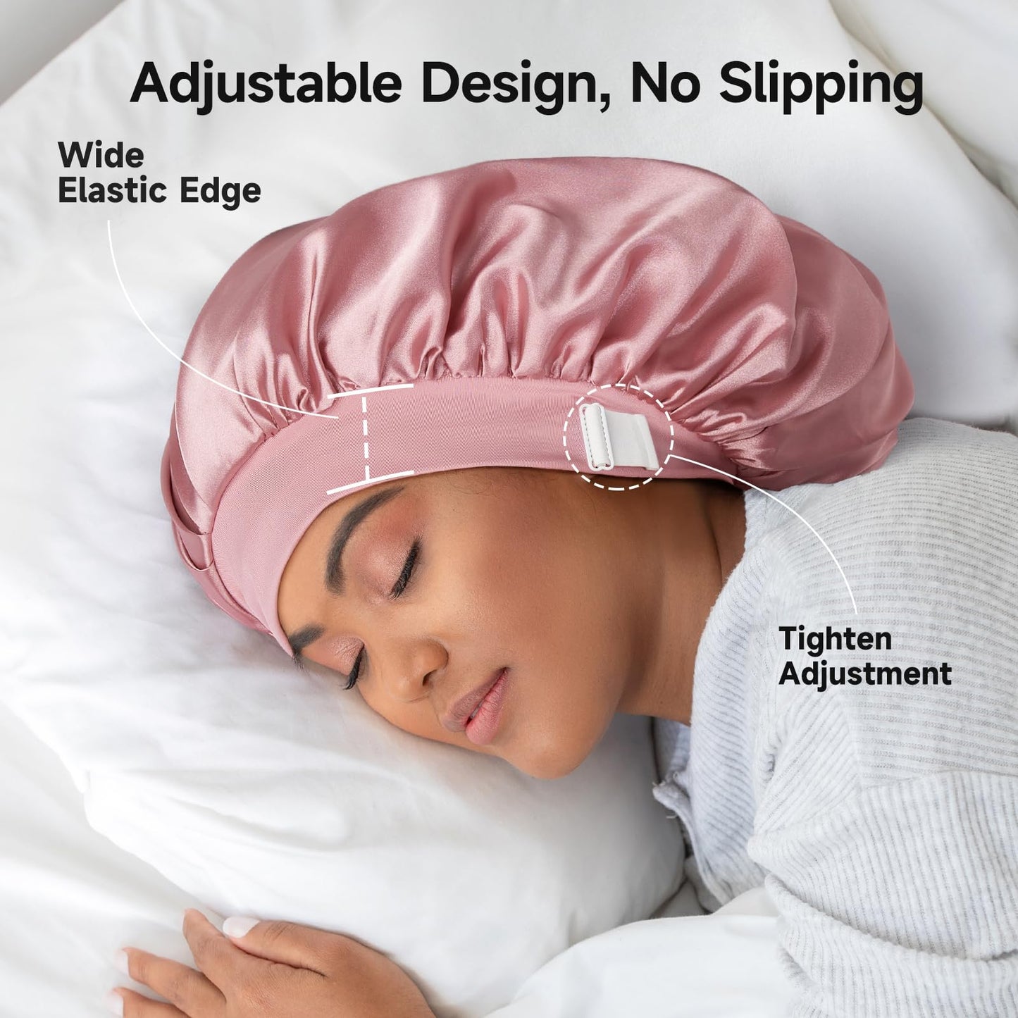 Umisleep 22 Momme 100% Real Mulberry Silk Bonnet for Sleeping Women, Large Hair Care Bonnet for Long Curly Hair, Double Layer Silk Hair Wrap with Soft Elastic Band, Non-Slip Sleep Cap, Pink